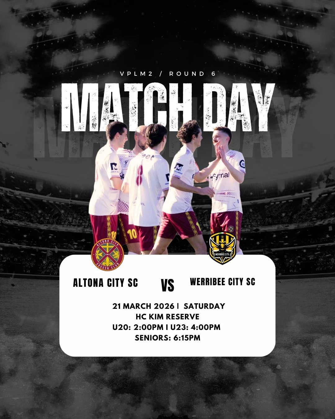 MATCH DAY - ROUND 6

Altona City returns to HC Kim Reserve this Saturday, 21 March as we take on Werribee City in a huge Round 6 clash! 

U20s &ndash; 2:00PM
U23s &ndash; 4:00PM
Seniors &ndash; 6:15PM

It&rsquo;s set to be a big afternoon and evening
