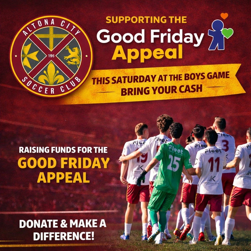GOOD FRIDAY APPEAL

Join us at the Senior Men&rsquo;s game this Saturday, back at home as Altona City comes together to support the Good Friday Appeal!

We&rsquo;ll be collecting donations throughout the day to help raise vital funds for a truly impo