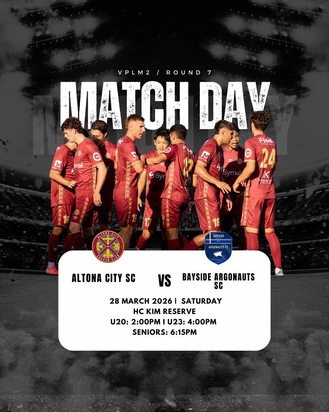 MATCH DAY - ROUND 7

Altona City is back at HC Kim Reserve this Saturday, 28 March as we take on Bayside Argonauts in an exciting Round 7 clash! 

🕑 U20s &ndash; 2:00PM
🕓 U23s &ndash; 4:00PM
🕕 Seniors &ndash; 6:15PM

Three grades. One ground. One 
