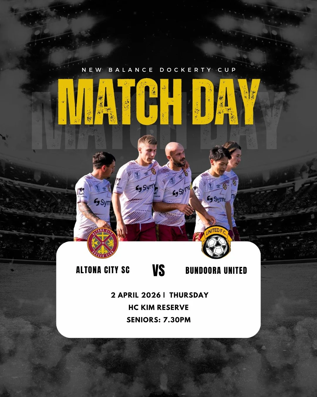 Thursday night footy under lights!

Our Senior Men are back in action this Thursday at 7:30PM as we take on Bundoora United in the New Balance Dockety Cup at Kim Reserve.

The canteen and bar will be open, so come down, grab a drink, and get behind t