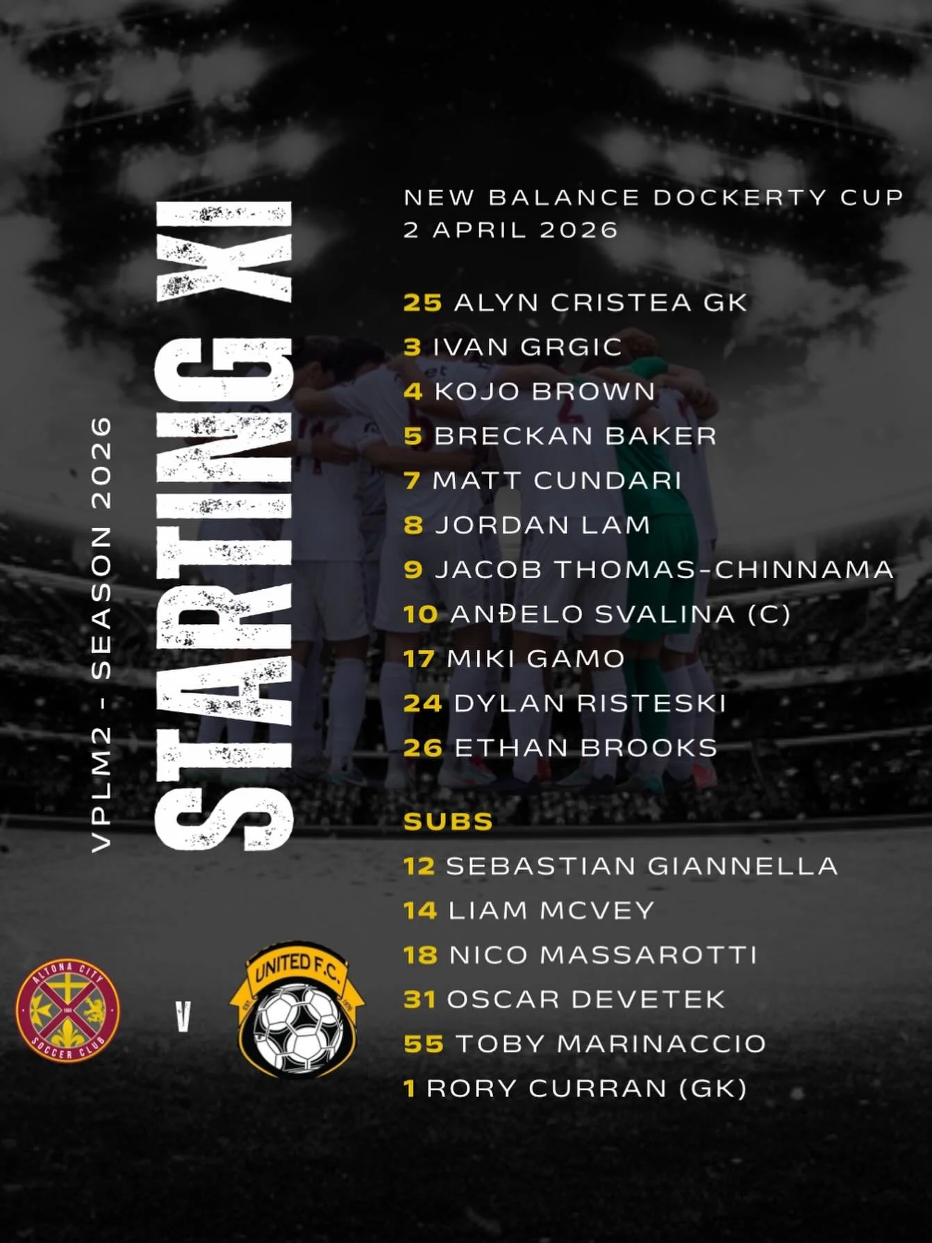 Starting XI - New Balance Dockerty Cup

Here&rsquo;s how we line up today!

The squad is set, the focus is locked in, and the boys are ready to give it everything out on the pitch. 

From the first whistle to the final minute, expect intensity, teamw