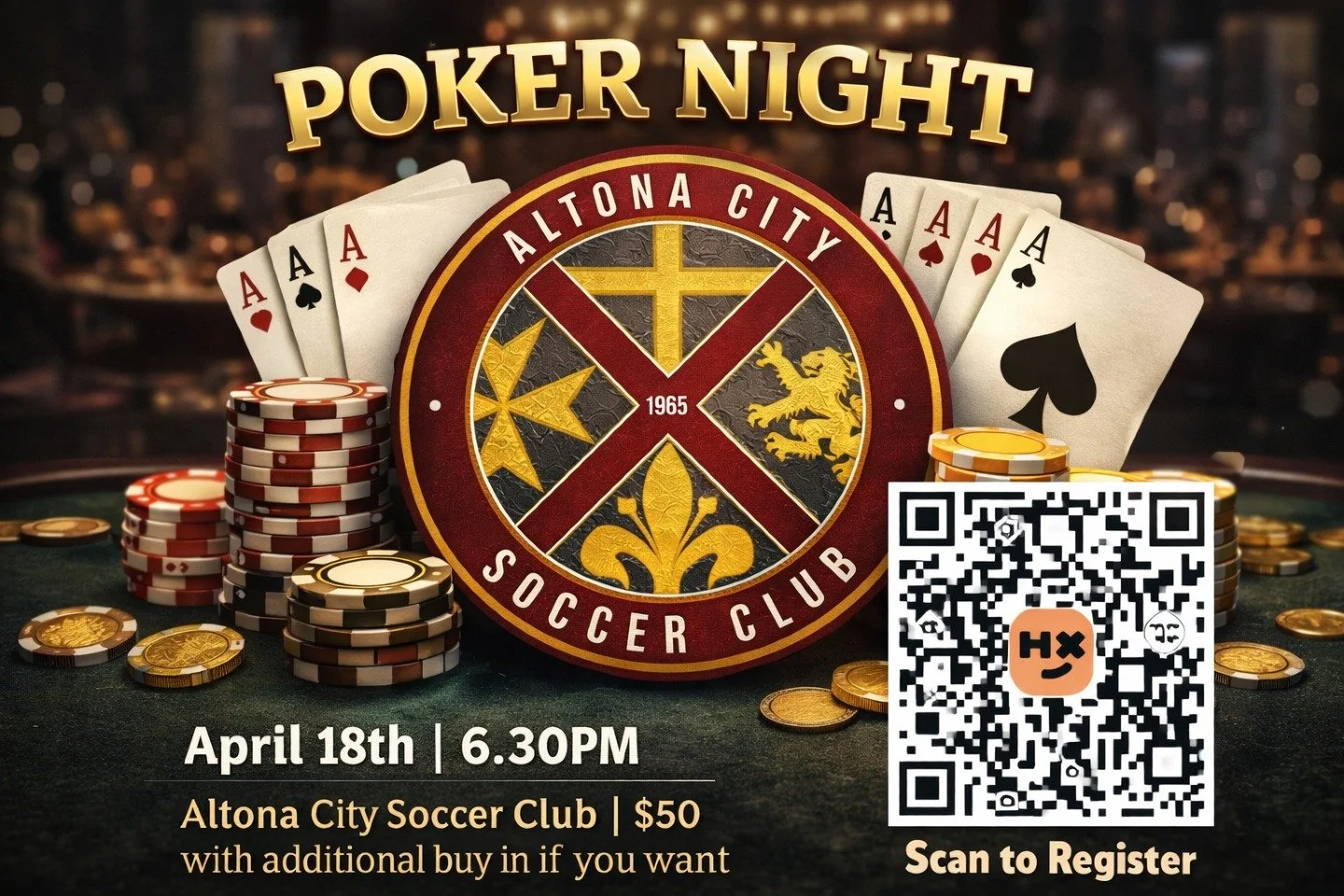 &spades;️&hearts;️ POKER NIGHT &diams;️&clubs;️

Get ready for a big night at the club&hellip; It&rsquo;s time to test your poker face! 

Join us on Friday, 18th April at 6:30PM for an exciting Poker Night at Altona City Soccer Club. Whether you're a