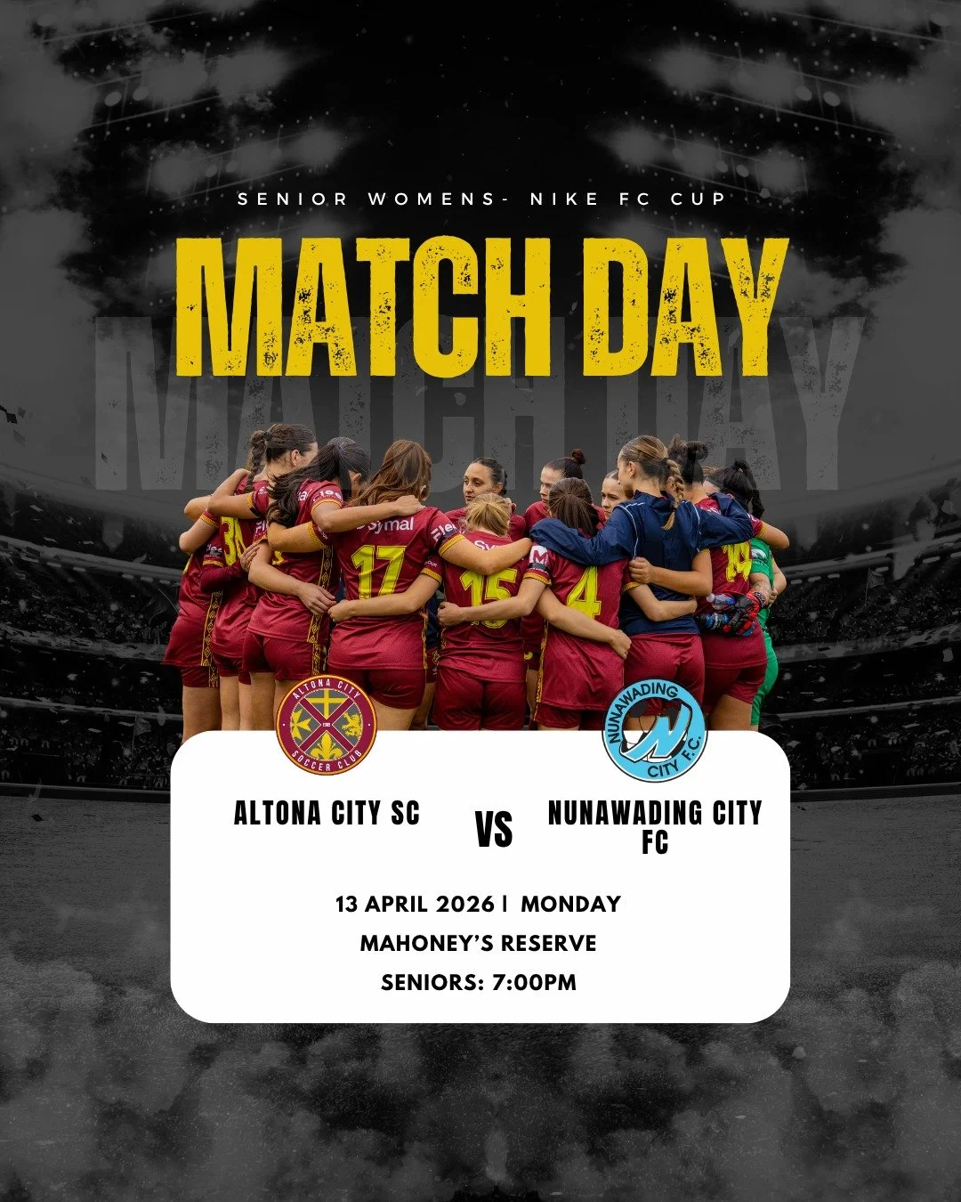 Matchday for our Senior Women!

This coming Monday, 13th April, our Nike Senior Women&rsquo;s side hit the road to take on Nunawading City FC.

📍 Mahoney&rsquo;s Reserve
🕐 7:00 PM Kick Off

Get down and support the girls as they look to put in a st