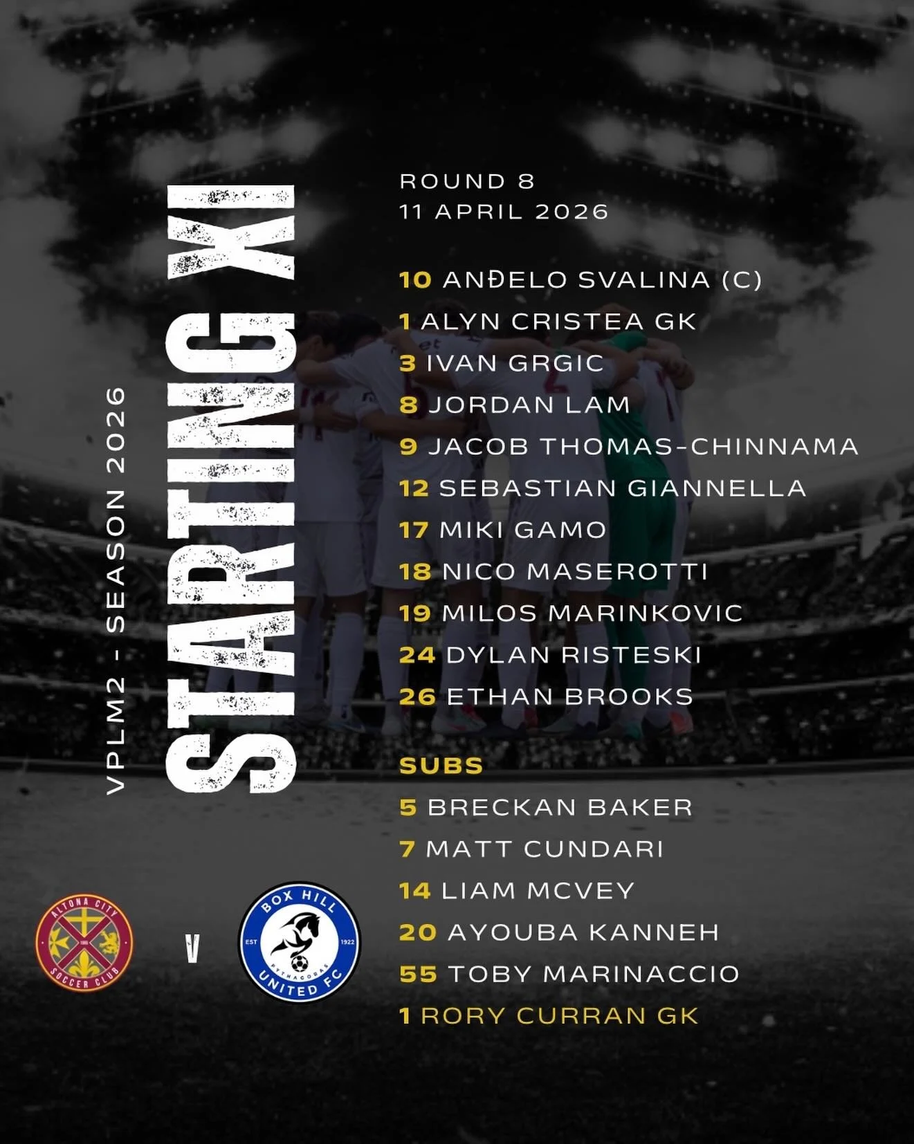 ⚽️ Starting XI | Altona City ⚽️

It&rsquo;s game day and the squad is locked in!
The boys are ready to step out and put in a strong performance.

Squad Update
❌ 7 Cundari out
 ✅ 31 Devetak in 

A great opportunity for Devetak to make his mark, and fu