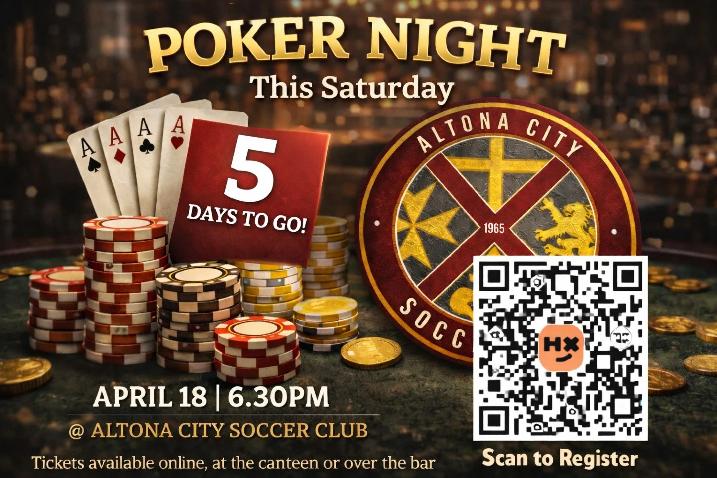 POKER NIGHT THIS SATURDAY 

The cards are on the table&hellip; are you ready? 

Join us this Saturday, April 18th at 6:30PM for a huge night at Altona City Soccer Club. Whether you're coming to win or just enjoy the atmosphere, it&rsquo;s set to be a