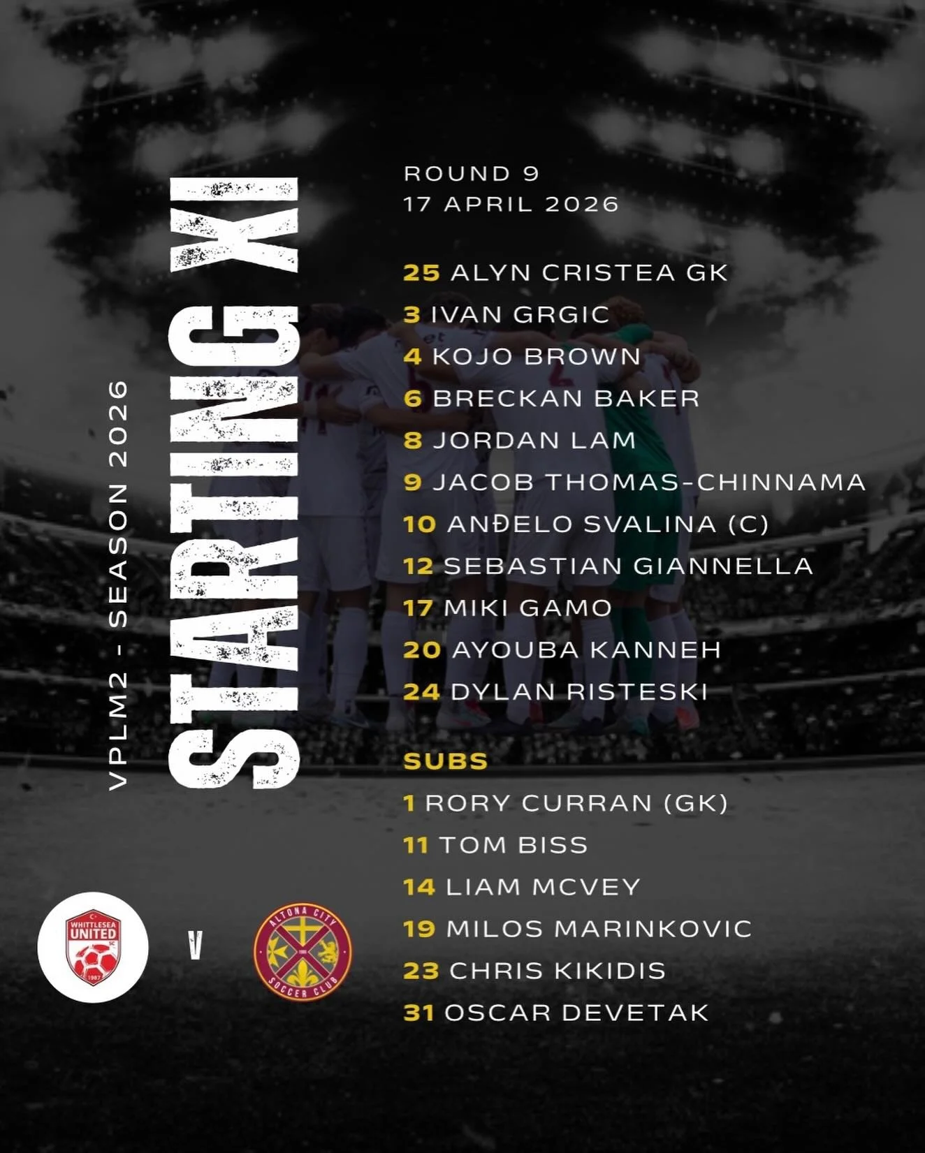 MATCH DAY | ROUND 9 

Our Starting XI is locked in for tonight&rsquo;s clash against Whittlesea United at Epping Stadium. The boys are ready to step up and put in a strong performance as we head into an important Round 9 battle.

Focus, intensity, an