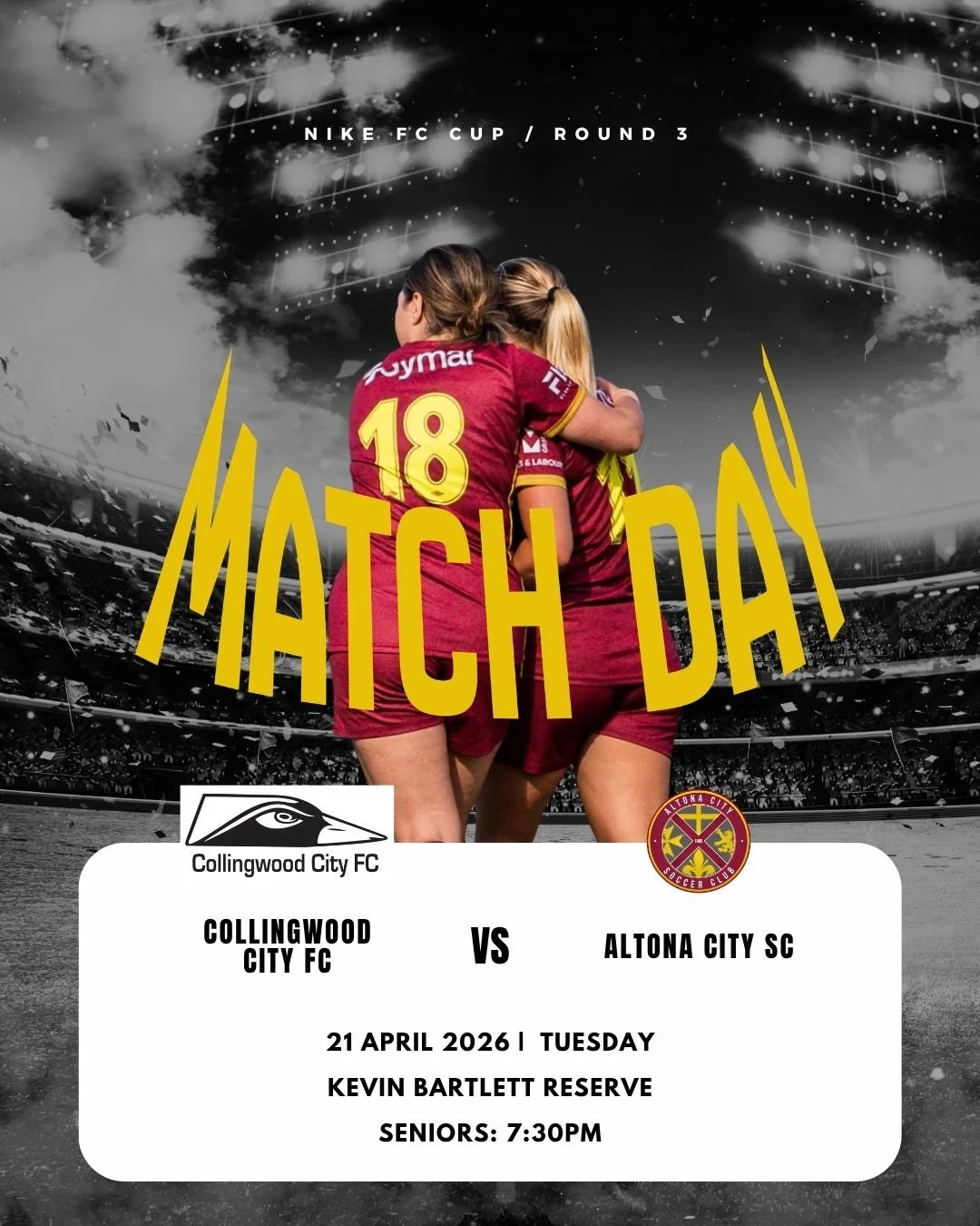 NIKE CUP ACTION - ROUND 3

Altona City is back under the lights this Tuesday night as we take on Collingwood City FC in the Nike Cup!

📅 Tuesday 21 April
🕢 Kick-off: 7:30PM
📍 Kevin Bartlett Reserve

It&rsquo;s set to be a big night of cup football