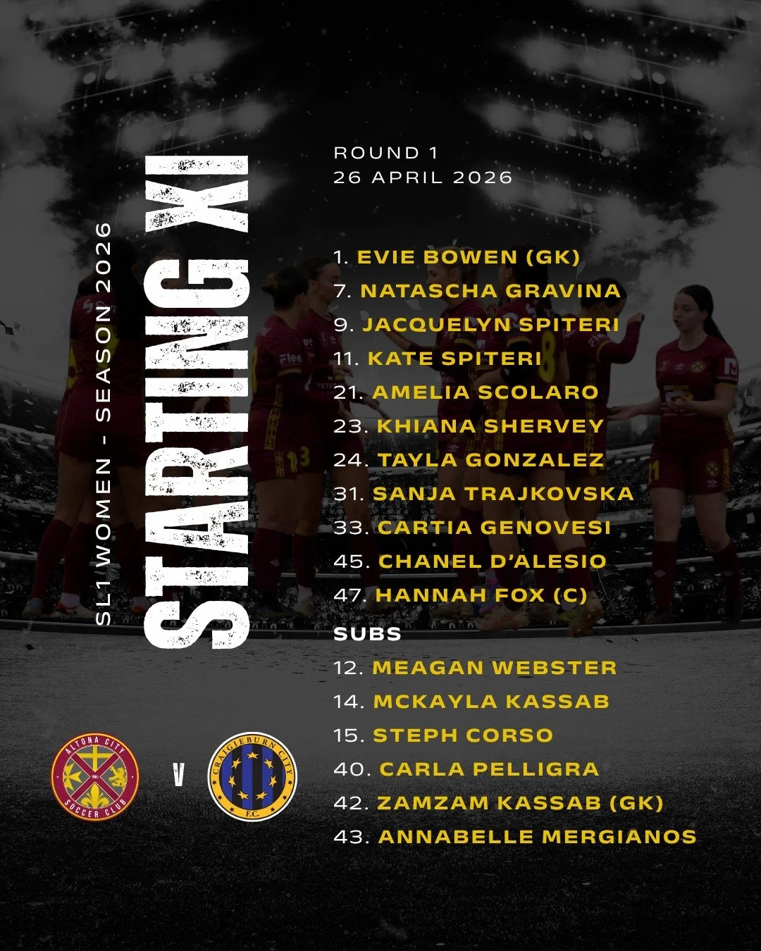 WOMEN&rsquo;S ROUND 1 | STARTING XI 

Our Senior Women are locked in and ready to kick off their season with Round 1 action today.

The squad has put in the work all pre-season and now it&rsquo;s time to step out and set the tone for the season ahead