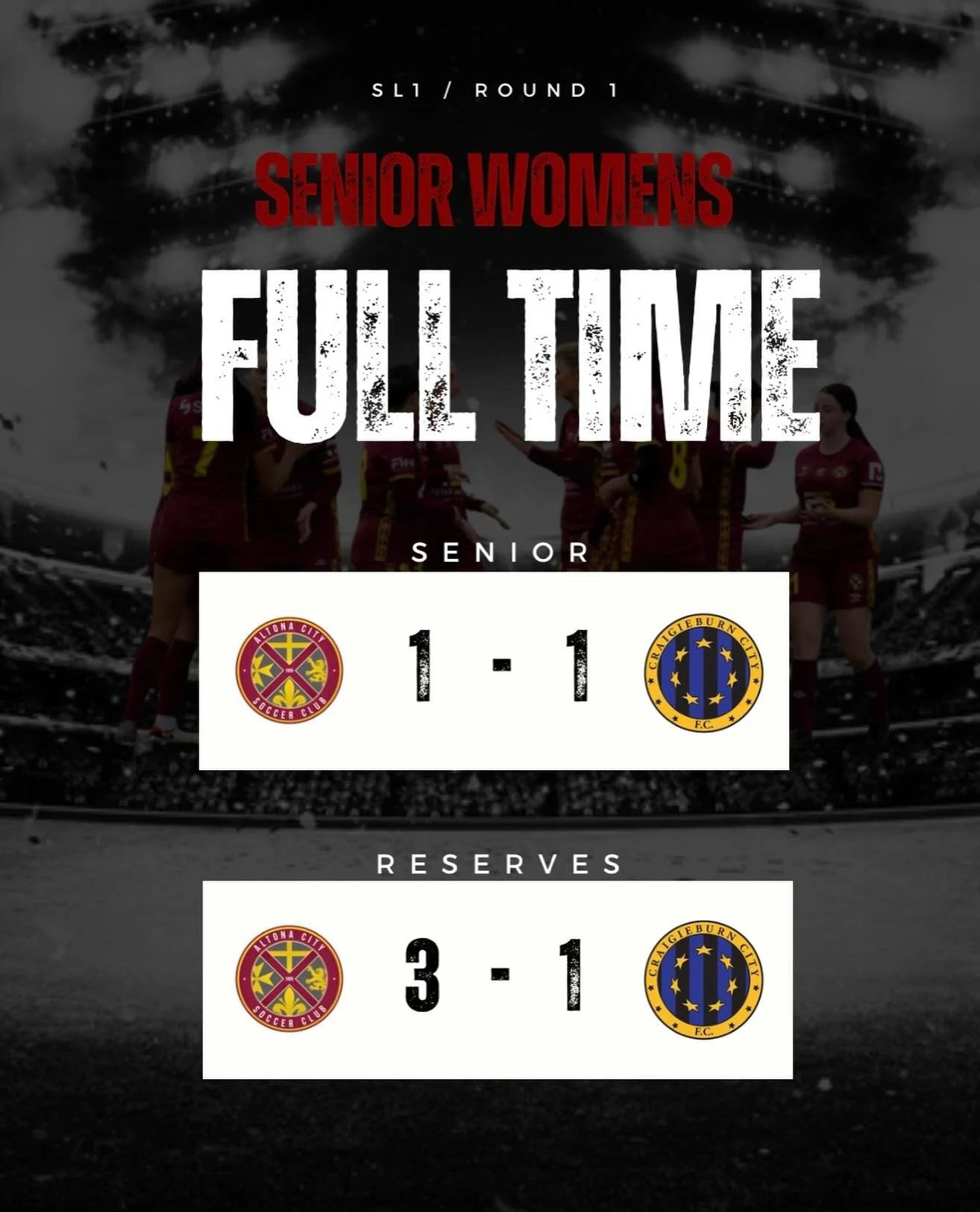 FULL TIME | SENIOR WOMEN &ndash; ROUND 1

A hard-fought start to the season for our Senior Women, earning a point in a 1&ndash;1 draw.

Our Reserves came away strong, securing a 3&ndash;1 win to kick things off in style.

Plenty to build on as we hea