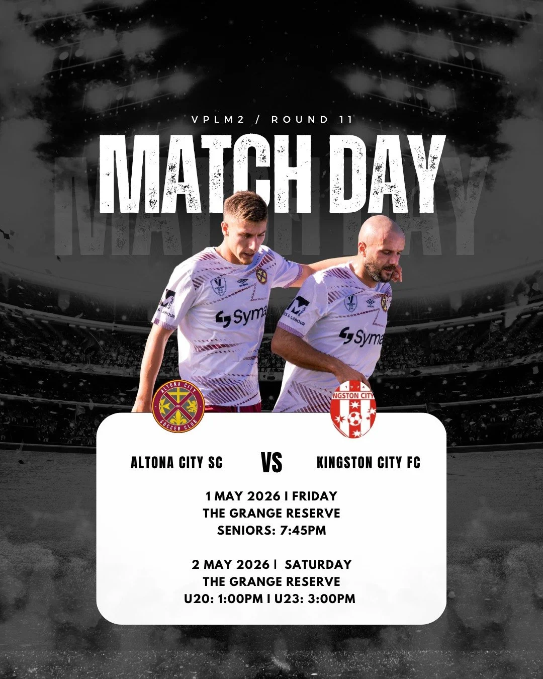 SENIOR MEN | ROUND 11 

It&rsquo;s a big weekend ahead as our Senior Men take on Kingston City FC!

📅 Friday 1 May
🕢 Kick Off: 7:45PM
📍 The Grange Reserve

Then the action continues on Saturday 2 May as our U20s and U23s hit the pitch against King