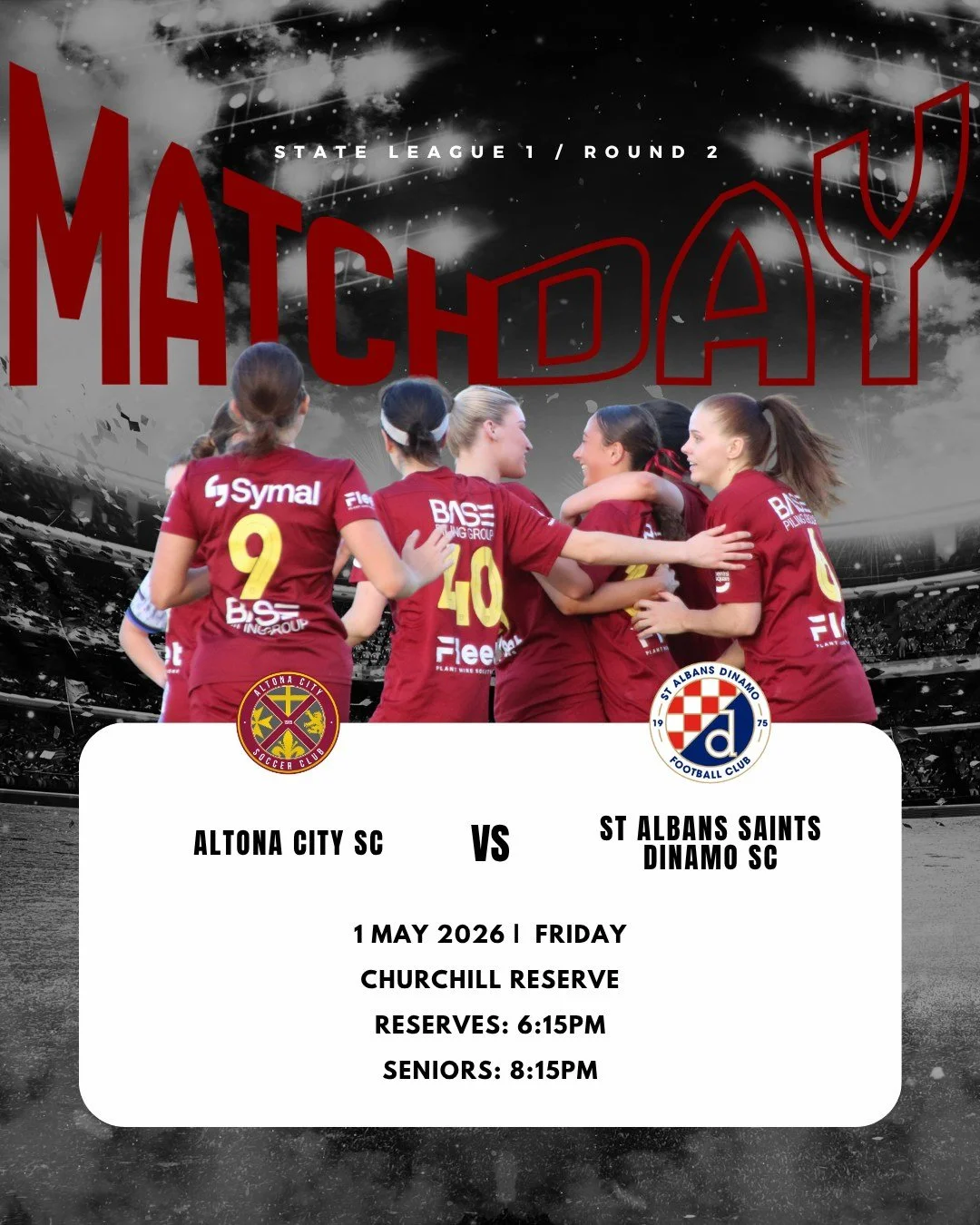 SENIOR WOMEN | ROUND 2

Our Senior Women are back in action this Friday night as they take on Round 2 under the lights against St Albans Saints Dinamo SC!

📅 Friday 1 May
📍 Churchill Reserve

🕕 Reserves Kick Off: 6:15PM
🕗 Senior Women Kick Off: 8