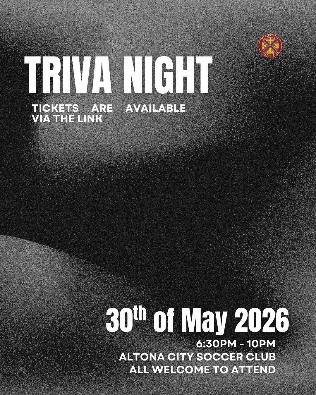 🧠 TRIVIA NIGHT IS BACK! 🧠

Get ready for a fun-filled night of laughs, friendly competition, and brain-teasing questions at Altona City Soccer Club!

📅 Saturday 30th May
⏰ 6:30PM &ndash; 10:00PM (Starting at 7PM)
📍 HC Kim Reserve

Bring your frie