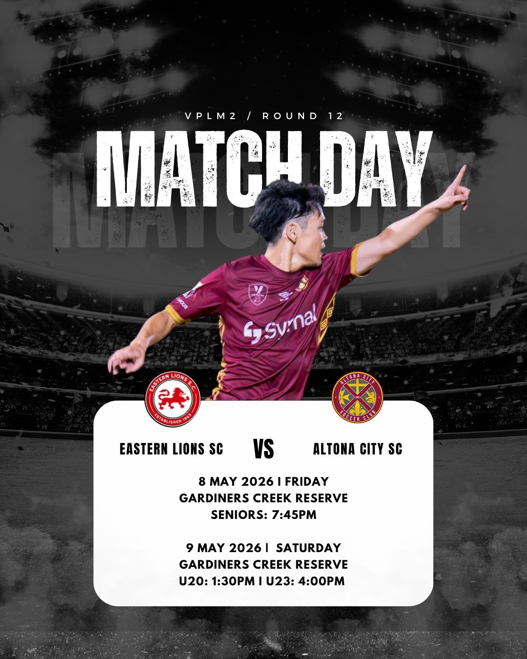 Senior Men's I Round 12 

Altona City hit the road this week as we take on Eastern Lions at Gardiners Creek Reserve.

Our Seniors kick things off under lights on Friday night:
📅 Friday 8 May
🕢 7:45PM Kick Off

The action continues on Saturday with 