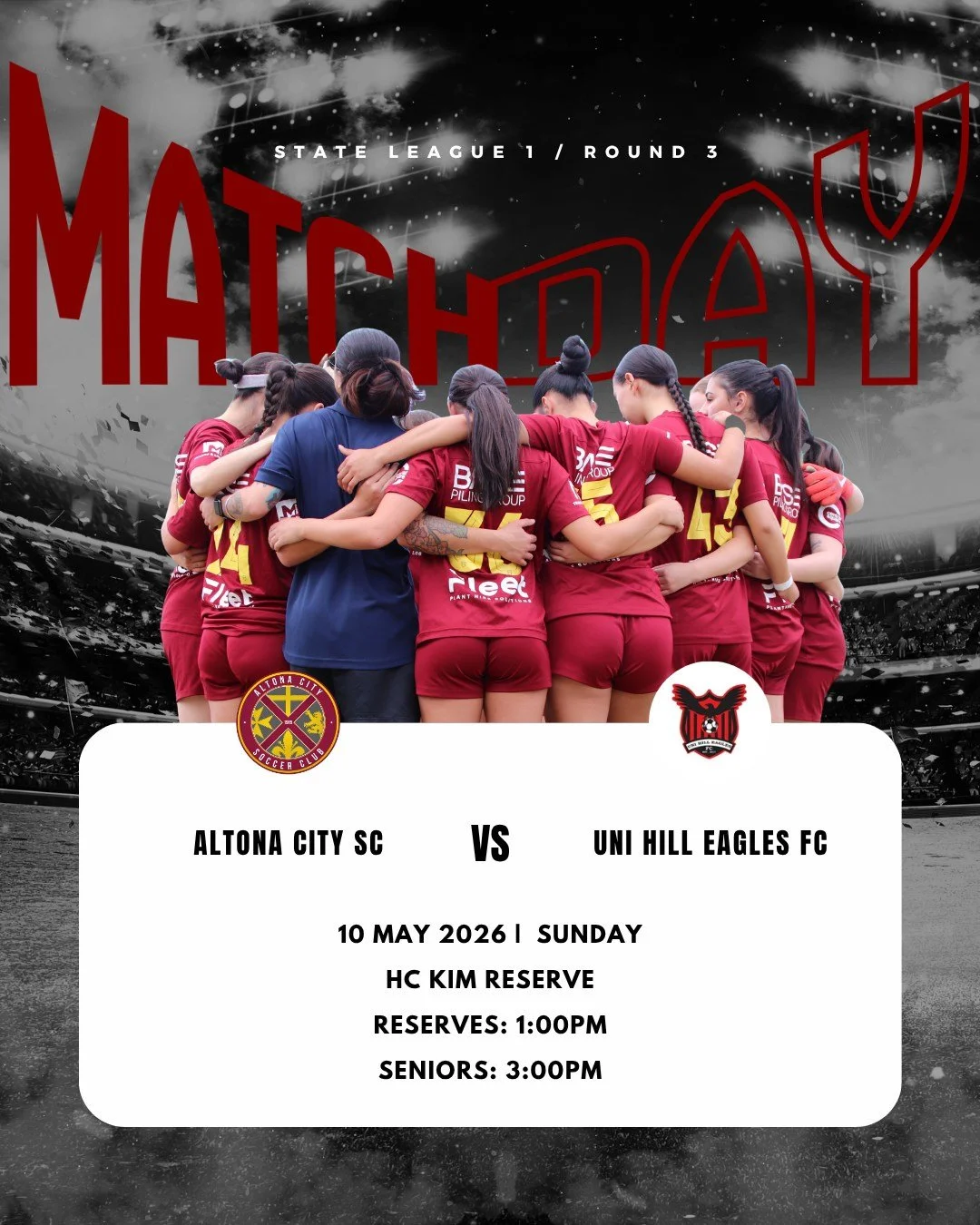 Senior Women's I Round 3

Altona City returns to home turf this weekend as we take on Uni Hill Eagles FC at HC Kim Reserve! It&rsquo;s set to be a big day of football, and we&rsquo;d love to see plenty of support around the ground.

Reserves kick thi