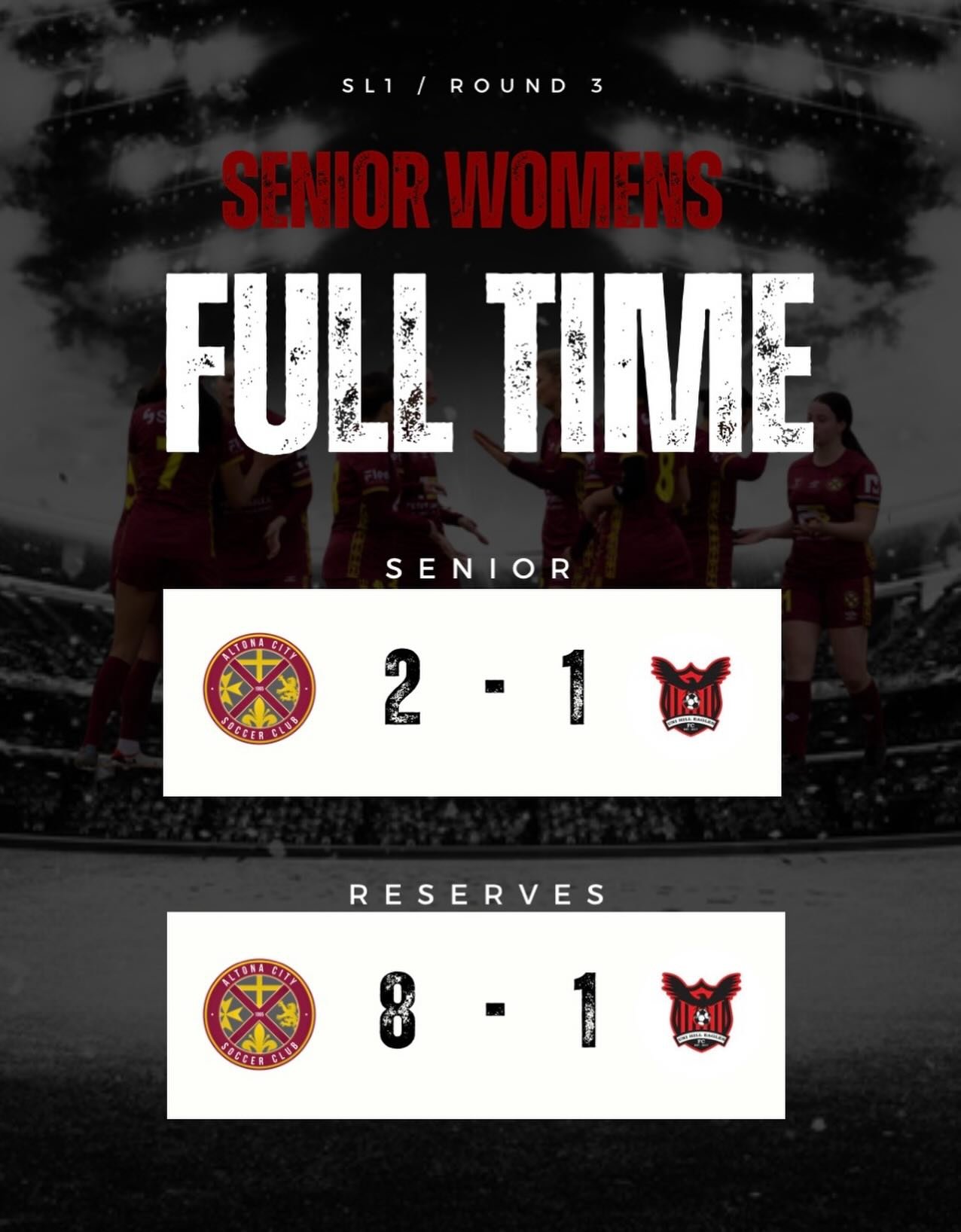 Senior Women&rsquo;s | Full Time Scores | Round 3

A huge night for our Senior Women&rsquo;s sides, with both teams coming away with strong wins.

Our Seniors fought hard to secure a 2&ndash;1 victory in a quality team performance, showing determinat