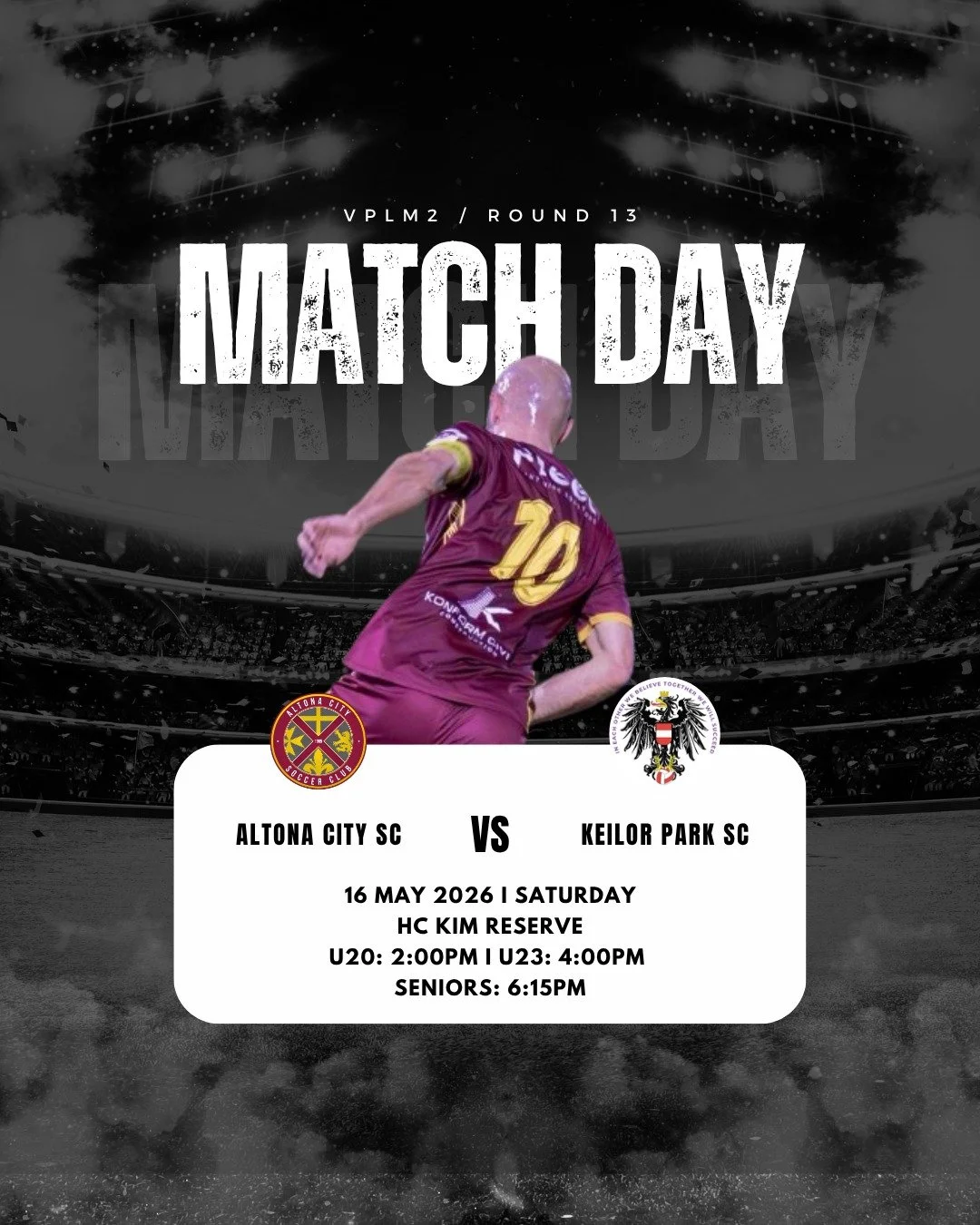Senior Men's I Match Day I Round 13 

Match day is back at HC Kim Reserve this Saturday as Altona City SC take on Keilor Park SC in a big Round 13 clash.

📍 HC Kim Reserve
📅 Saturday 16 May

🕑 U20: 2:00PM
🕓 U23: 4:00PM
🕡 Seniors: 6:15PM

We&rsqu
