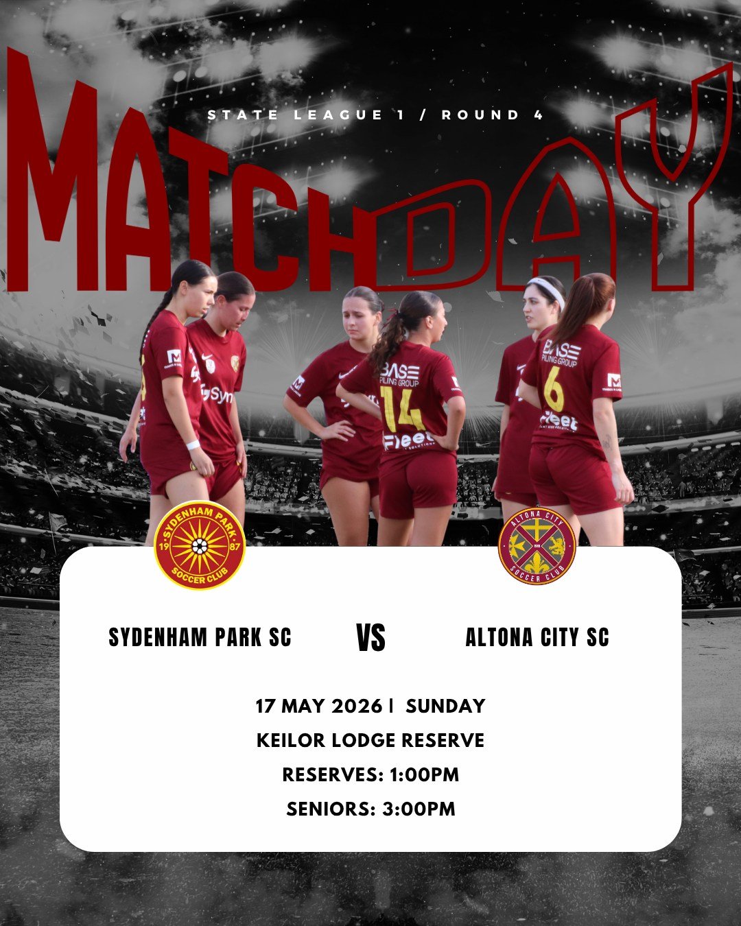 Senior Women's I Match Day I Round 4

Our Senior Women are back in action this Sunday as Altona City SC take on Sydenham Park SC at Keilor Lodge Reserve.

📍 Keilor Lodge Reserve
📅 Sunday 17 May

🕐 Reserves: 1:00PM
🕒 Seniors: 3:00PM

Get down and 