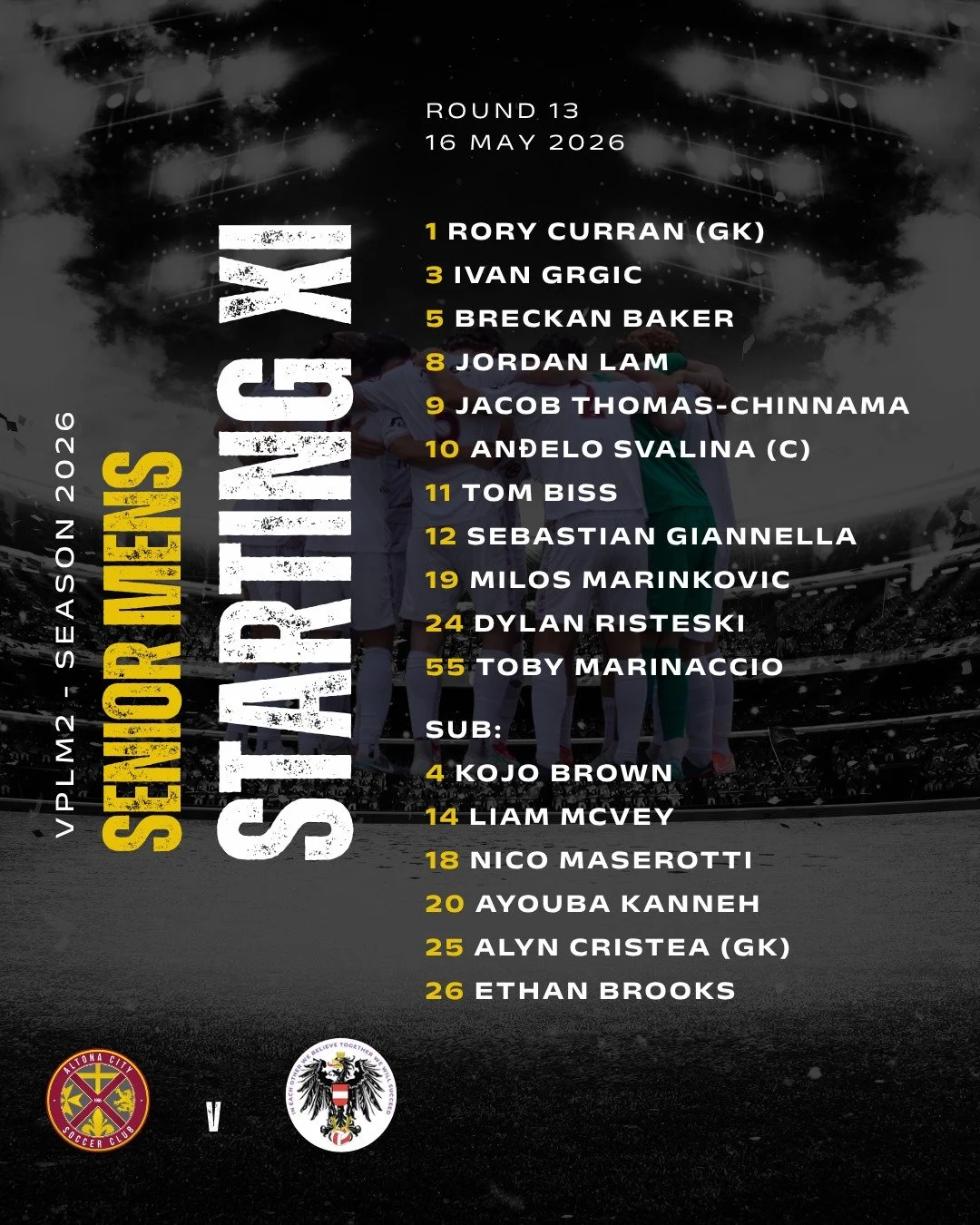 Senior Men&rsquo;s | Starting XI

Here&rsquo;s how the boys line up tonight for our Round 13 clash against Keilor Park SC.

📍 HC Kim Reserve
🕕 Kick Off: 6:15PM

The squad is locked in and ready to go under lights tonight.

Get down to HC Kim Reserv