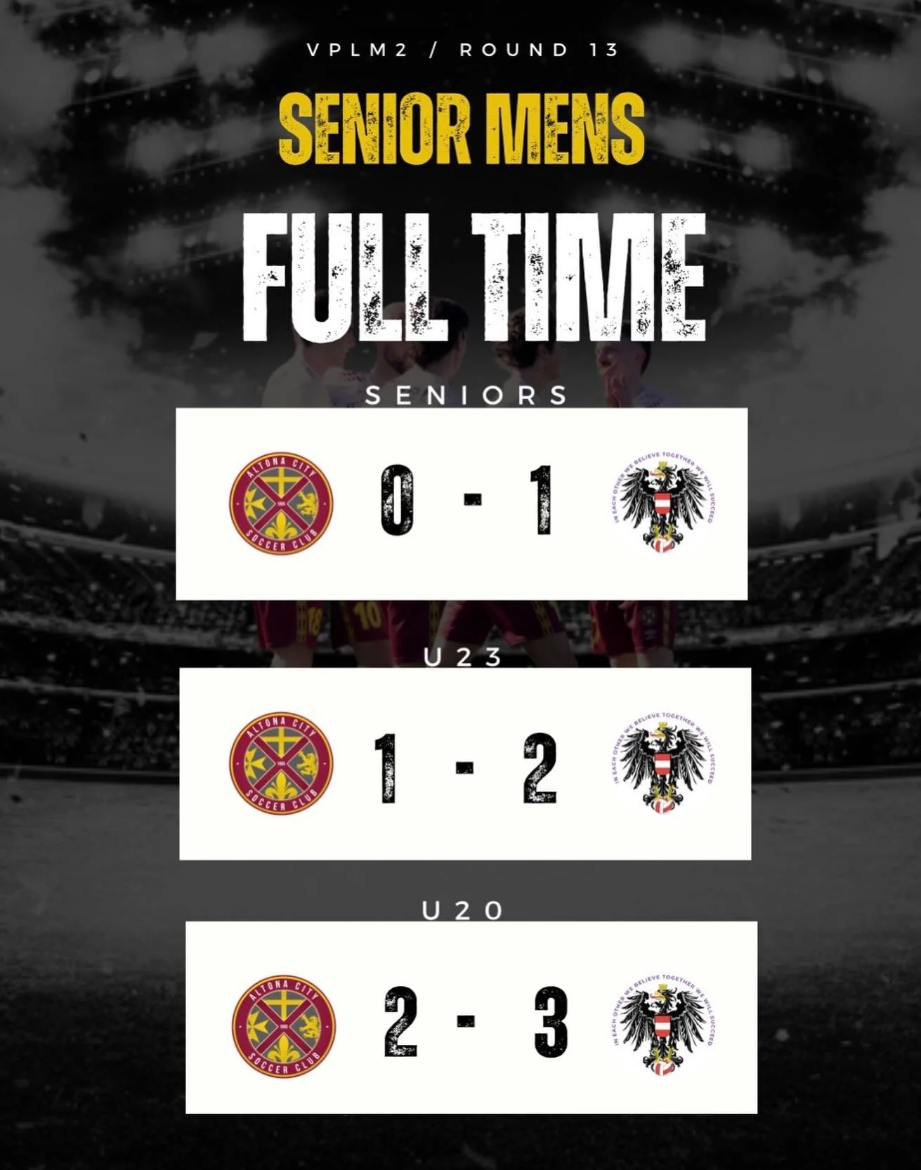 Senior Men&rsquo;s | Full Time | Round 13

A tough night for Altona City across all three grades in Round 13.

Seniors: 0-1 
U23s: 1-2 
U20s: 0-1

Not the results we were chasing, but we regroup, reset and go again next week. Thank you to everyone wh