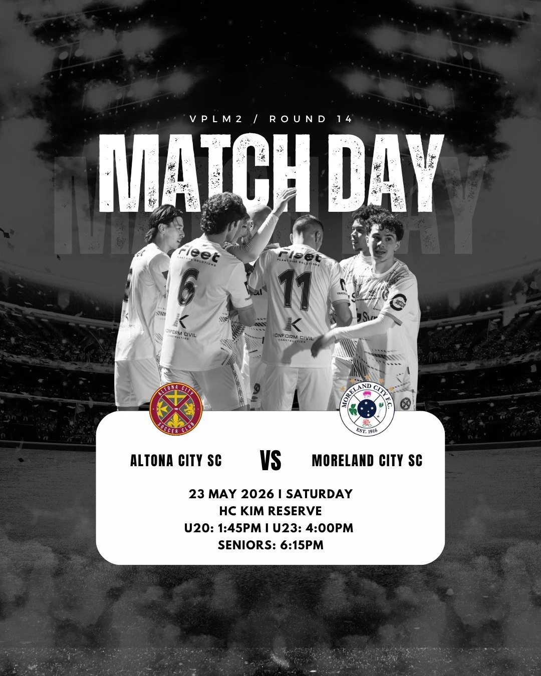 SENIOR MENS I MATCH DAY | ROUND 14

The boys are back at home as Altona City SC take on Moreland City SC in a huge Round 14 clash at HC Kim Reserve. Three big matches. One big night under lights. 

Get down and support them as they look to bring home