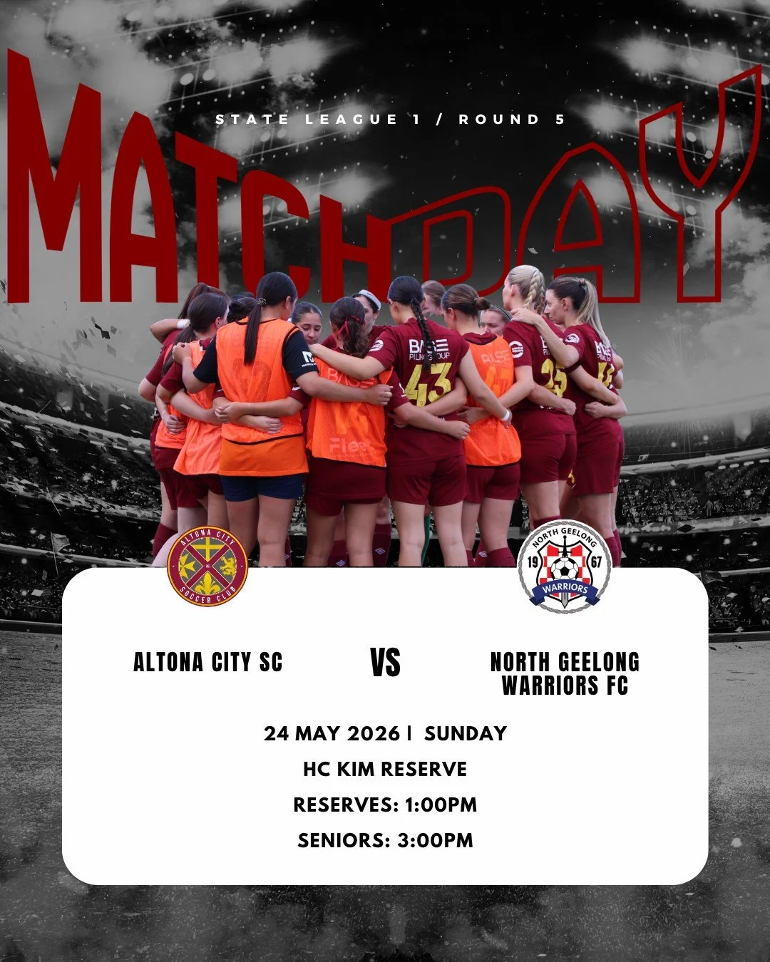 SENIOR WOMEN I MATCH DAY I ROUND 5

The Senior Women are back at home this Sunday as Altona City SC host North Geelong Warriors FC a big Round clash at HC Kim Reserve.

Two massive games as the girls look to defend home turf and put on a strong perfo