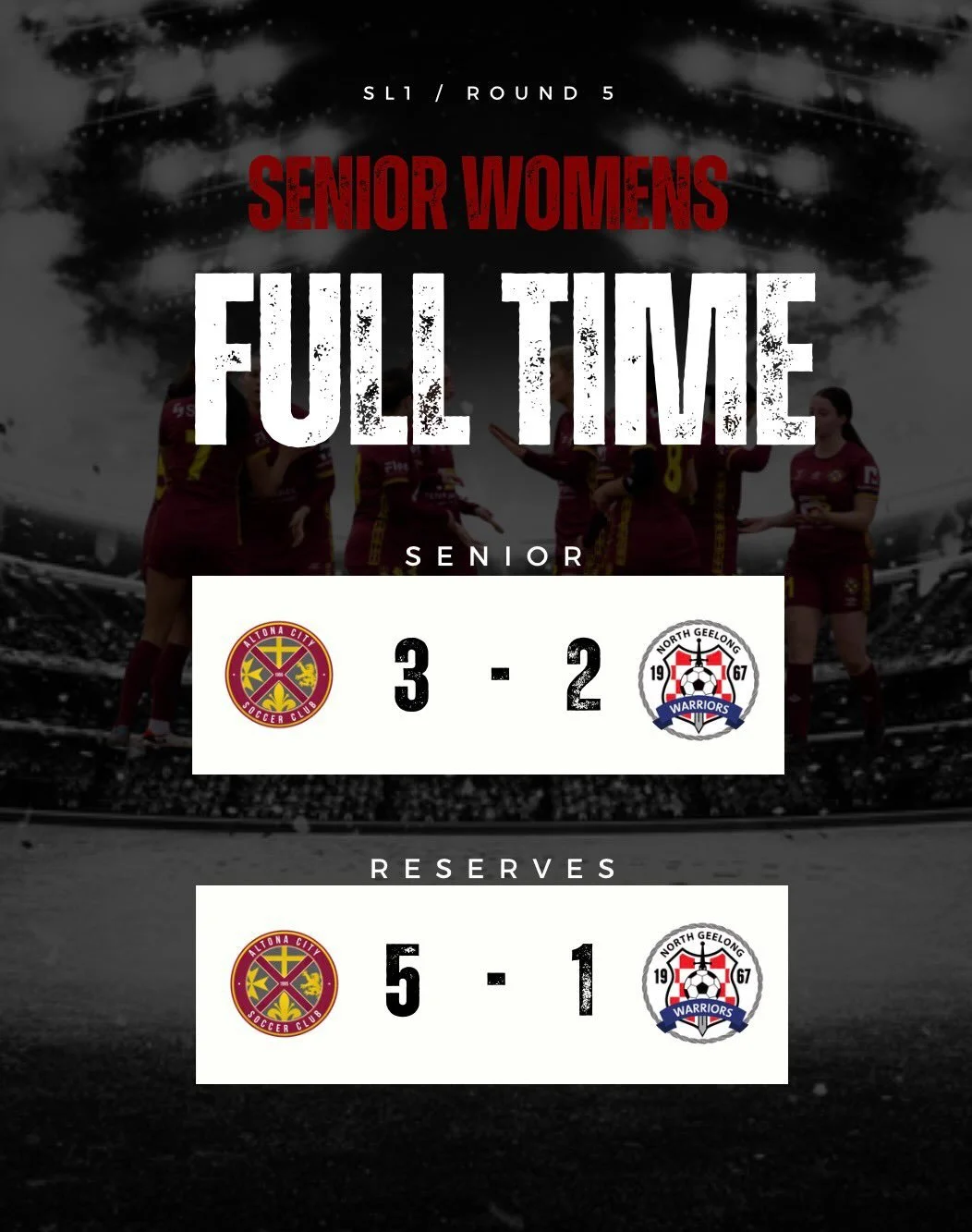 Senior Women&rsquo;s | Full Time Scores | Round 5

A massive day for our Senior Women&rsquo;s sides with two big wins on home soil!

Reserves put in a dominant performance to come away with a 5-1 victory, showing great teamwork and intensity from sta
