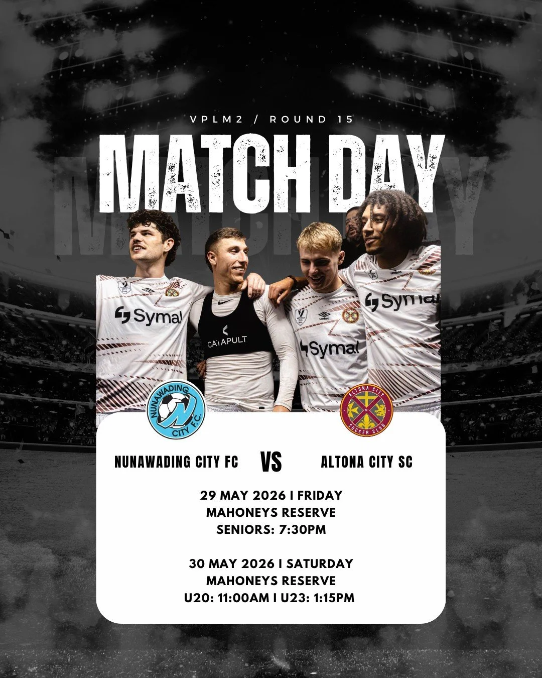 Senior Men&rsquo;s | Match Day | Round 15

A big weekend ahead as the boys hit the road to take on Nunawading City FC at Mahoneys Reserve. 

Our Seniors kick things off under lights on Friday night, before the U23s and U20s take the field on Saturday