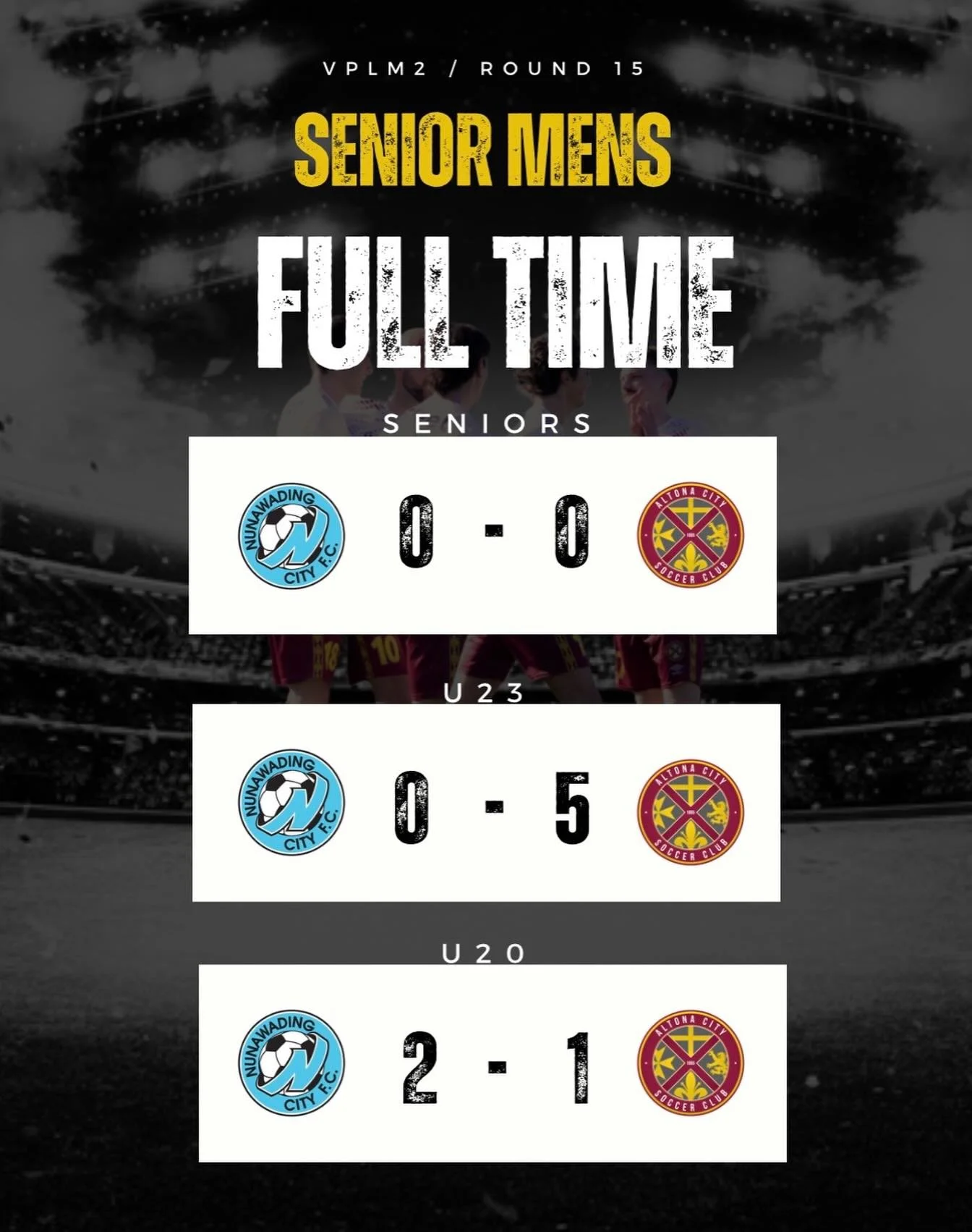 SENIOR MENS | FULL TIME SCORES | ROUND 15 

A mixed bag of results for our Senior Men&rsquo;s sides this weekend, with plenty of positives to take away across all three matches.

⚽ Seniors: 0-0 Draw
A hard-fought contest sees the Seniors share the po