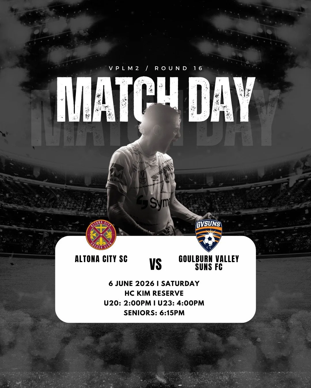 SENIOR MEN'S I MATCH DAY | ROUND 16 

The boys are back at home this Saturday as we welcome Goulburn Valley Suns FC to HC Kim Reserve for another big day of football!

Get down to the club, support the boys, and enjoy a huge afternoon and evening of 