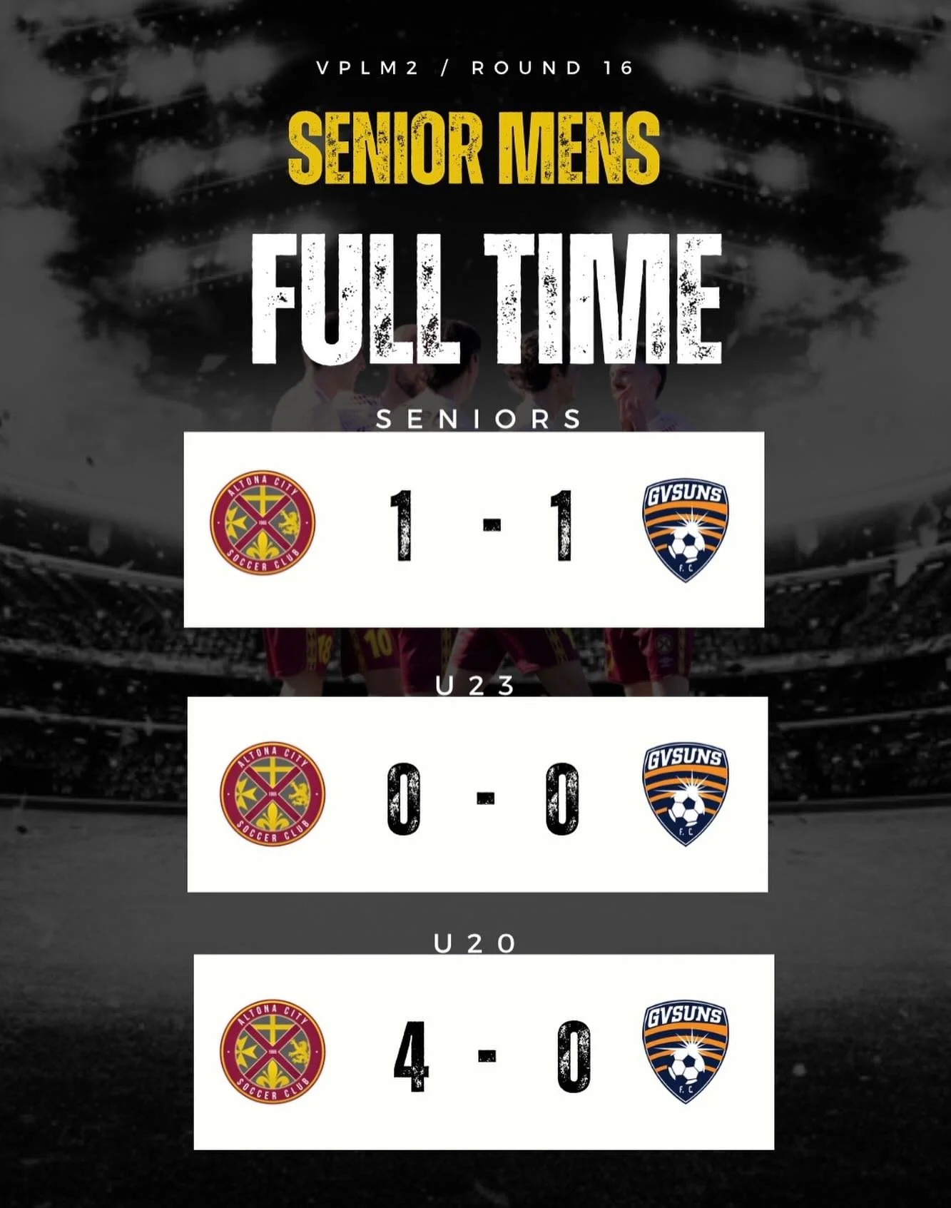 SENIOR MENS | FULL TIME | ROUND 15 

A strong day at HC Kim Reserve as our Senior Men&rsquo;s sides picked up valuable results against Goulburn Valley Suns.

⚽ U20s: 4️⃣&ndash;0️⃣ 
⚽ U23s: 0️⃣&ndash;0️⃣ 
⚽ Seniors: 1️⃣&ndash;1️⃣ 

A dominant performa