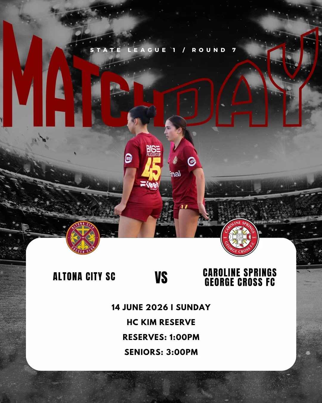 SENIOR WOMEN'S I MATCH DAY I ROUND 7

It's game day at home as our Senior Women's teams take on Caroline Springs George Cross FC this Sunday at HC Kim Reserve!

📅 Sunday, 14 June 2026
📍 HC Kim Reserve
🆚 Caroline Springs George Cross FC

⚽ Reserves