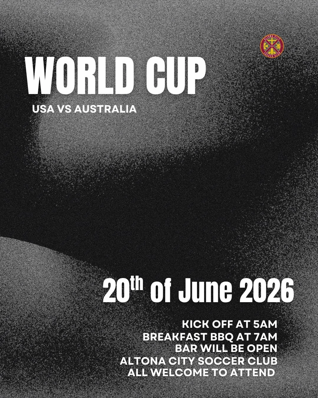 WORLD CUP LIVE AT ALTONA CITY! 

Join us at HC Kim Reserve as the Socceroos take on the USA in a massive FIFA World Cup clash!

📅 Saturday, 20 June 2026
⏰ Kick-Off: 5:00 AM
🥓 BBQ Breakfast: From 7:00 AM
🍻 Bar Open

Come down, cheer on Australia wi
