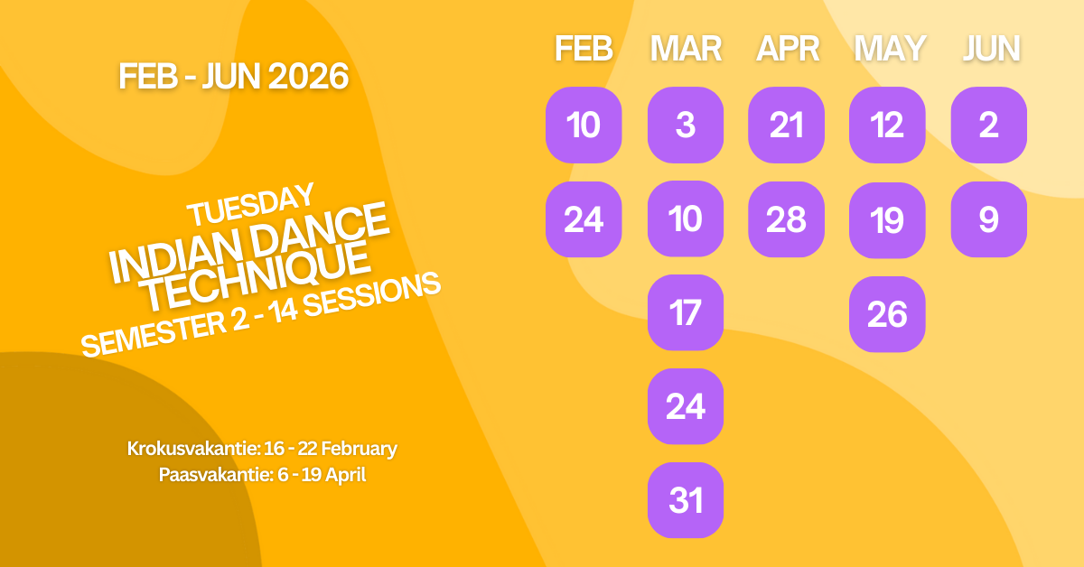 Calendar of Indian dance technique sessions from February to June 2026, with specific dates marked in purple for each month and holiday periods in February and April.
