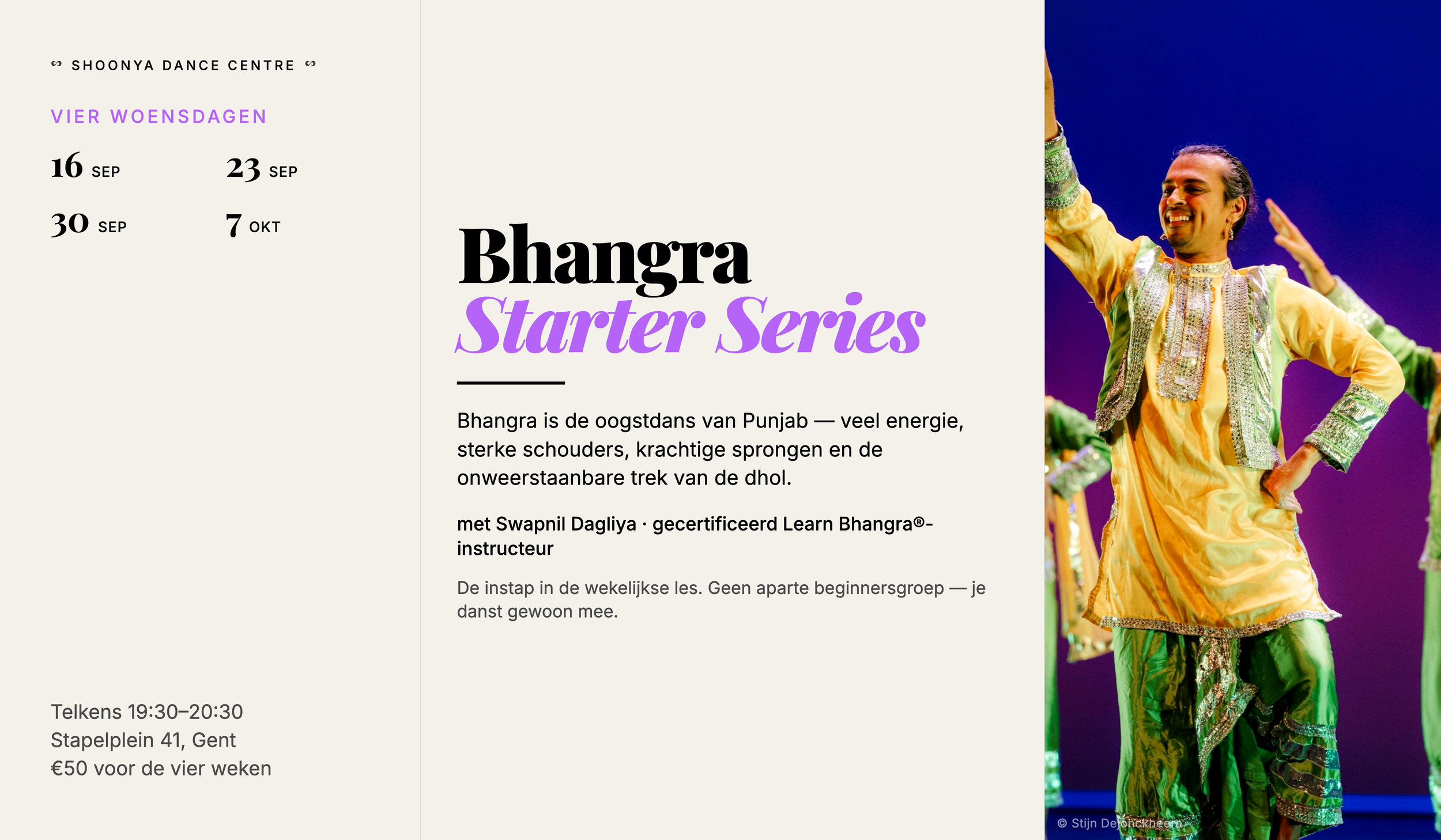 Bhangra Starter Series banner showing the four Wednesday dates, 19:30-20:30 time, Stapelplein venue, price and teacher Swapnil Dagliya.