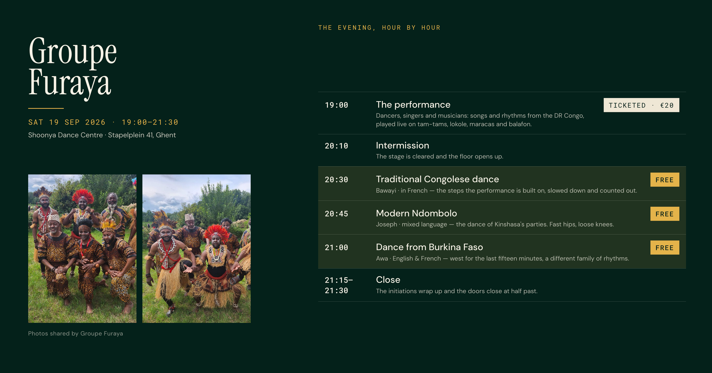 Programme for the evening, hour by hour, from the 19:00 performance to the free initiations at 20:30.