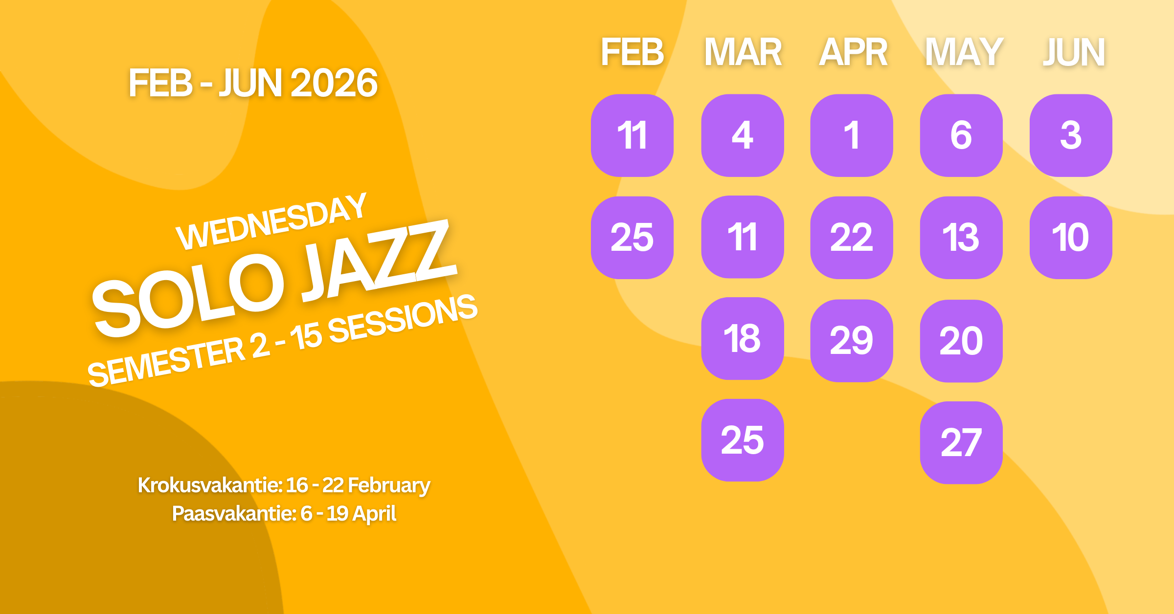 A schedule for solo jazz classes from February to June 2026, with session dates marked on purple circles for each month, along with notes about spring breaks in February and April.