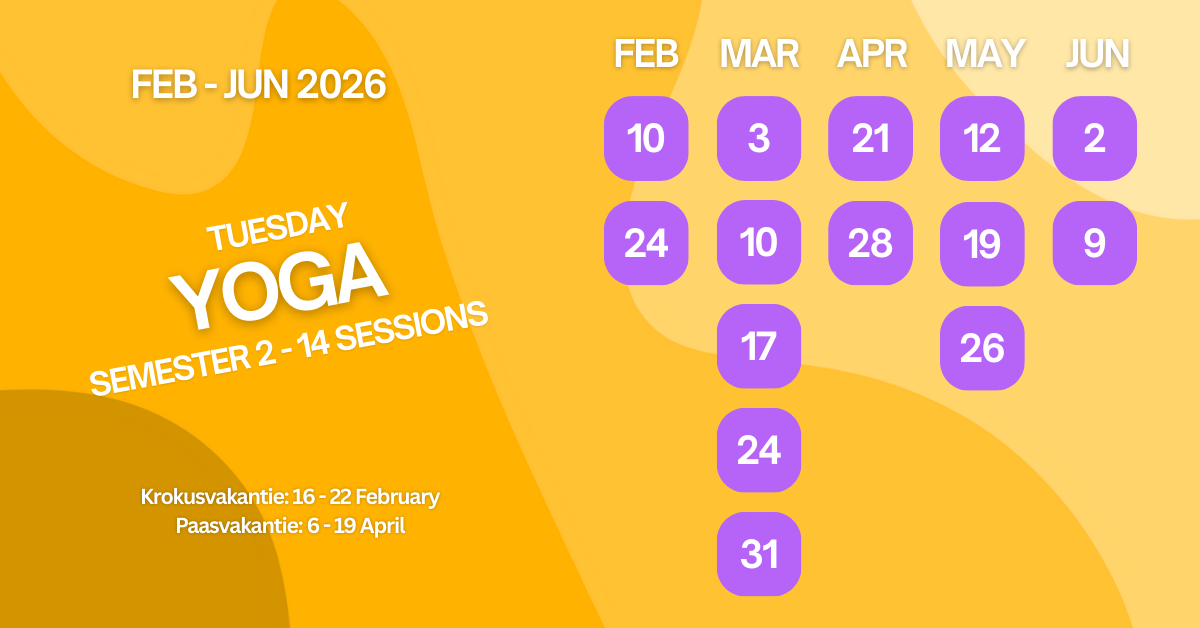 Calendar with yoga classes scheduled on Tuesdays from February to June 2026. Dates are February 10, 24; March 3, 10, 17, 24; April 7, 14, 21, 28; May 12, 19, 26; June 2. It also shows vacation periods: February 16-22 and April 6-19.