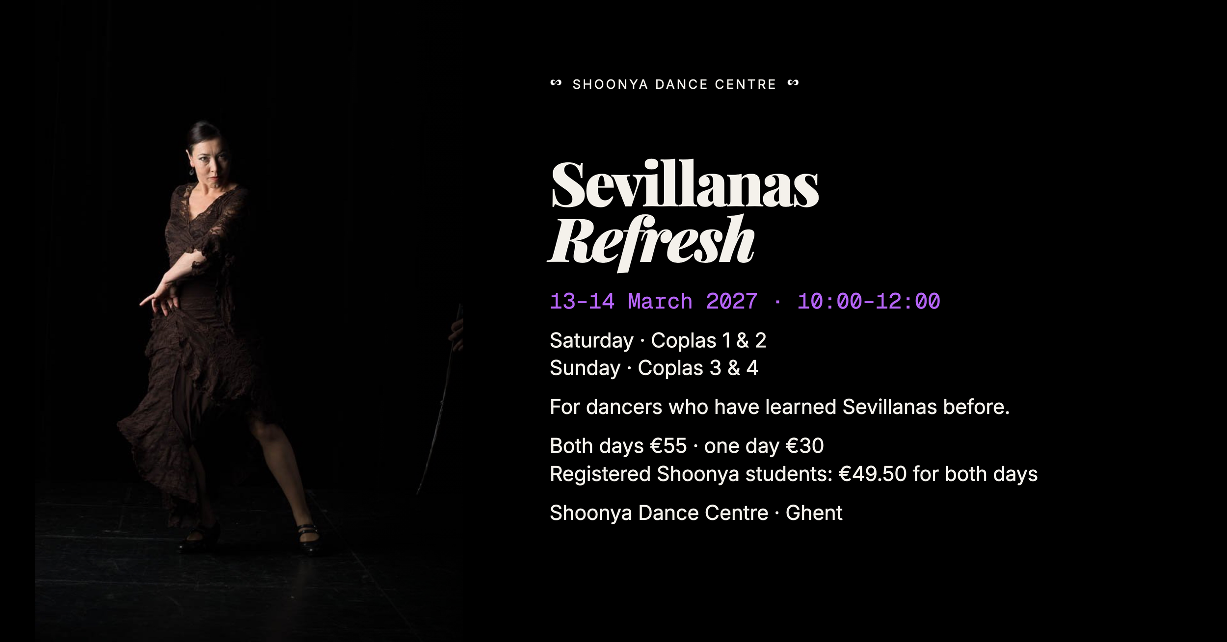 Sevillanas Refresh with La Liz, 13–14 March 2027, 10:00–12:00 each day at Shoonya Dance Centre in Ghent.