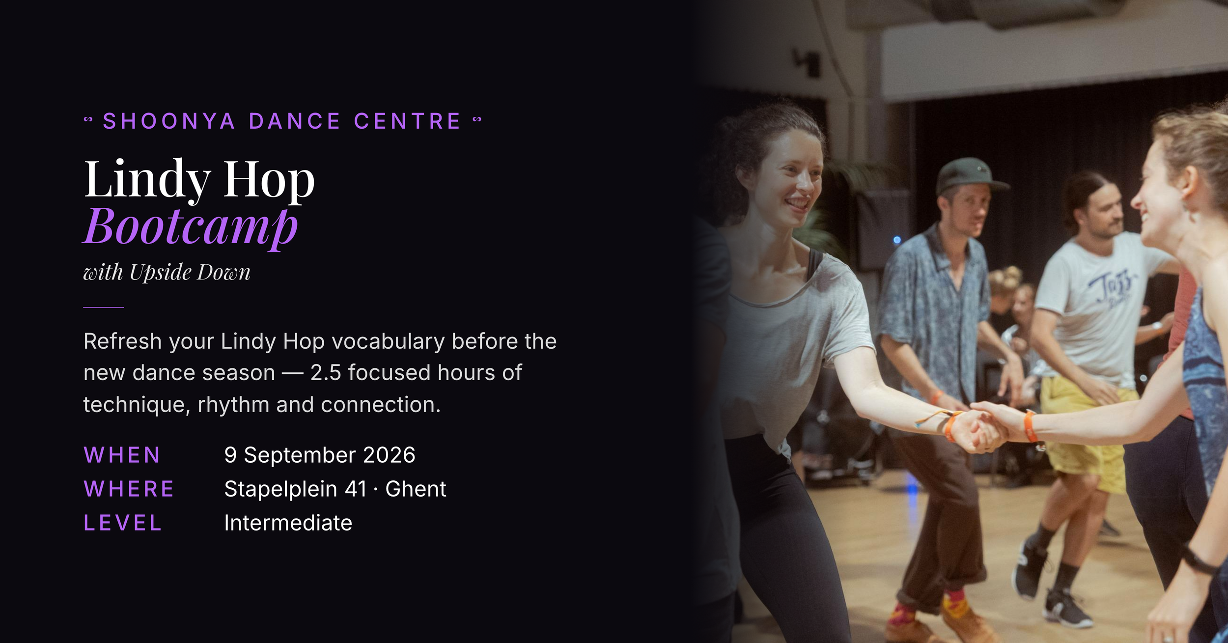 Lindy Hop Bootcamp banner for 9 September 2026, 18:45-21:15 at Shoonya Dance Centre, with teachers Ann-Sofie Van Enis and Sep Vermeersch from Upside Down.