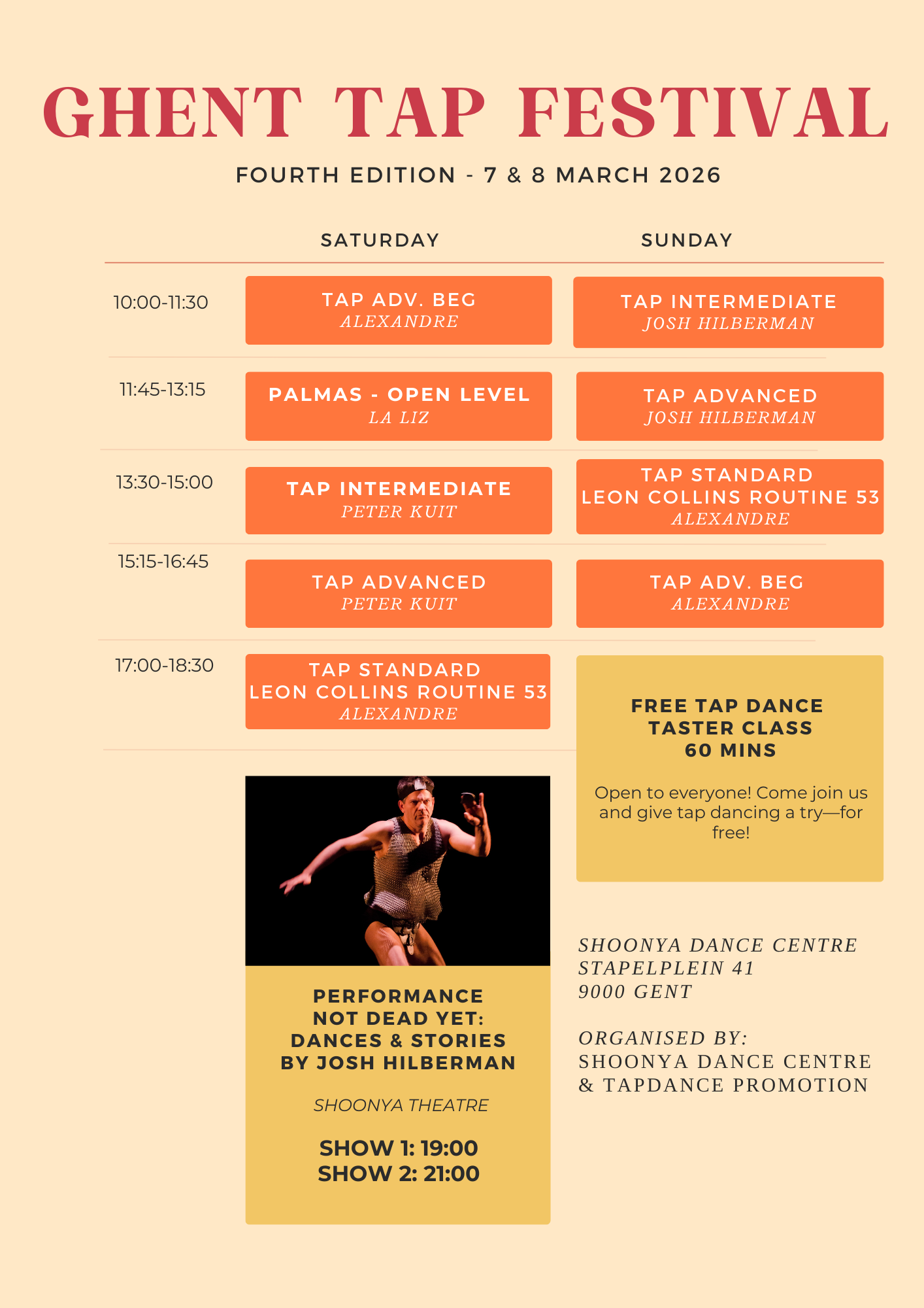 Schedule for the Ghent Tap Festival on March 7 and 8, 2026, featuring tap dance classes, performances, and a free tap dance taster class at Shoonya Dance Centre, with details about daily times, instructors, and event location.