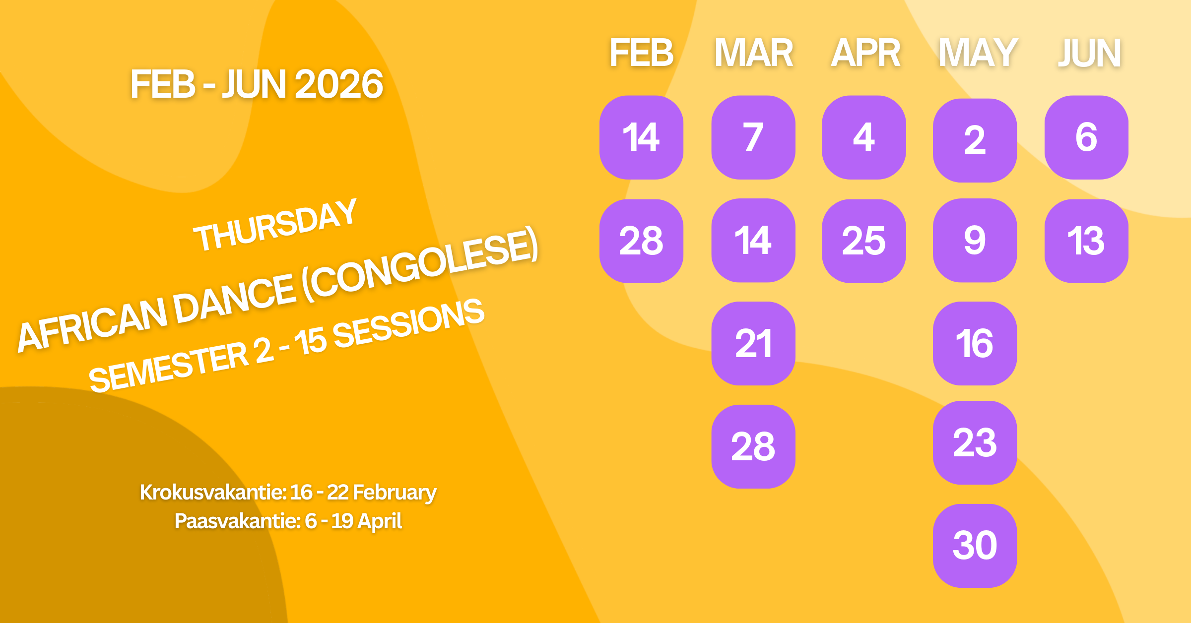 A calendar for African Dance classes from February to June 2026, with class dates marked in purple for each month.