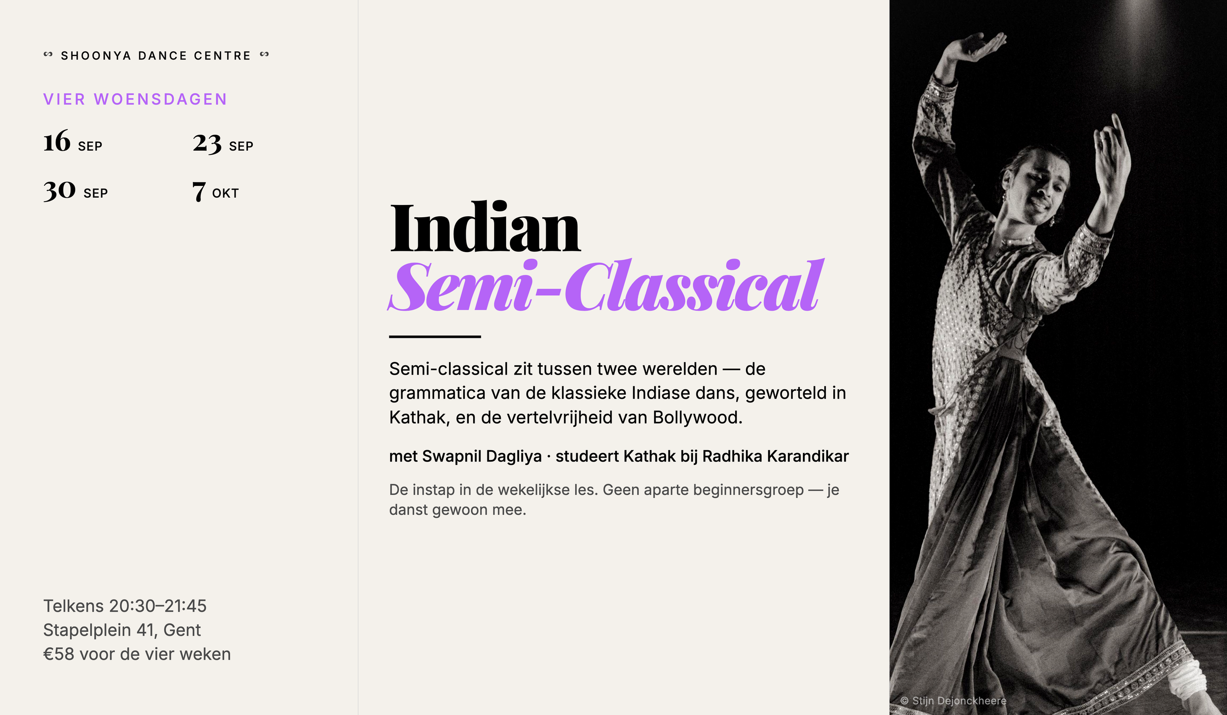 Indian Semi-Classical Starter Series banner showing the four Wednesday dates, 20:30-21:45 time, Stapelplein venue, price and Swapnil Dagliya.