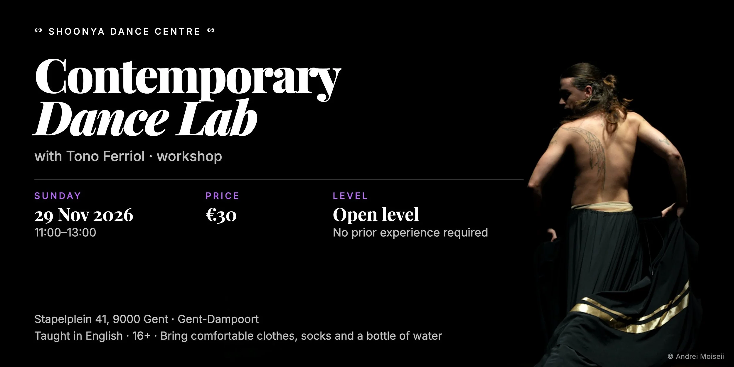 Contemporary Dance Lab with Tono Ferriol, Sunday 29 November 2026, 11:00–13:00 at Shoonya Dance Centre, Gent