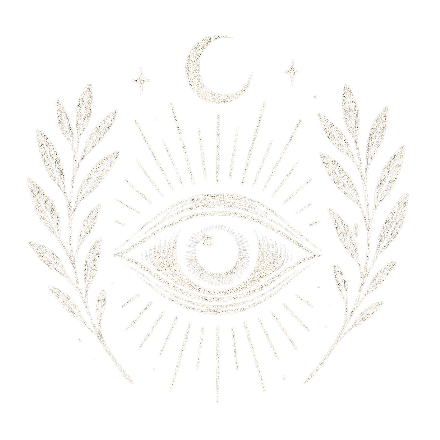 A black and white illustration featuring an all-seeing eye with a triangle, surrounded by laurel branches, rays of light, a crescent moon, and stars.