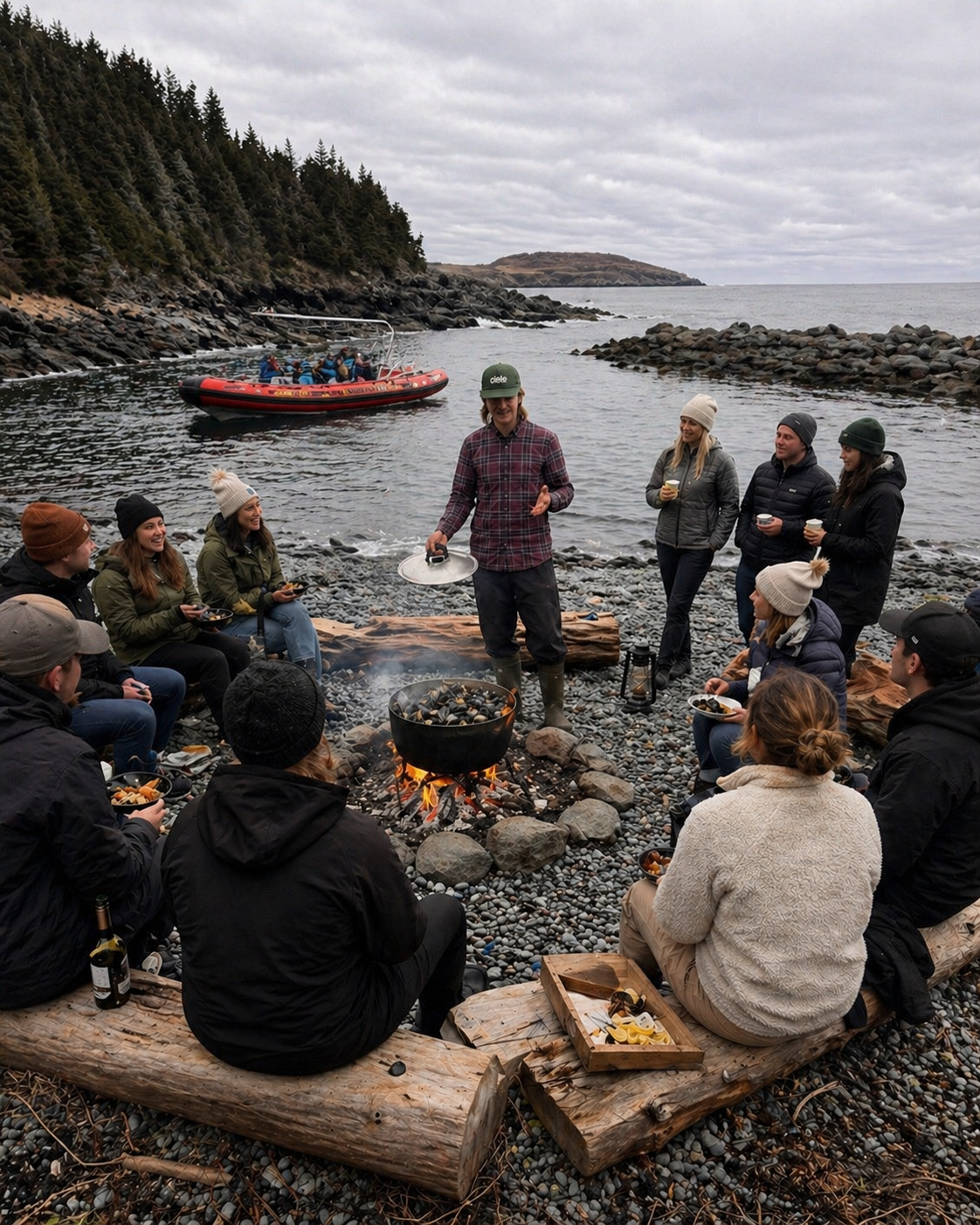 Group of people gathered around a campfire on a rocky beach, having a meal. A person in the center is cooking, while others are sitting and standing, holding bowls and cups. The background shows the ocean, rocks, and a boat with people on board.