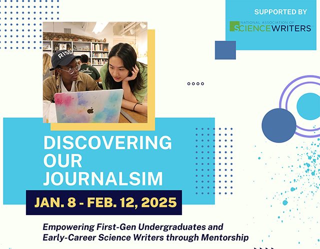 various blue and purple shapes with an image of two students looking at a computer screen