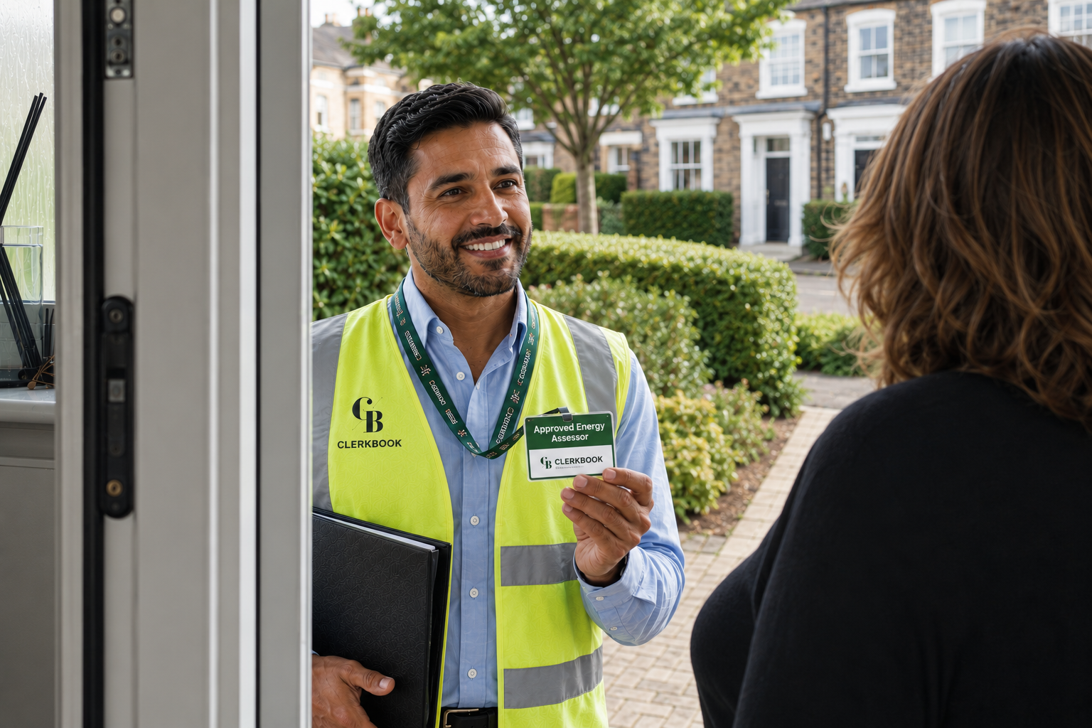 Man in high-visibility vest handing a badge to a woman at a door during daylight, with houses and trees in the background.