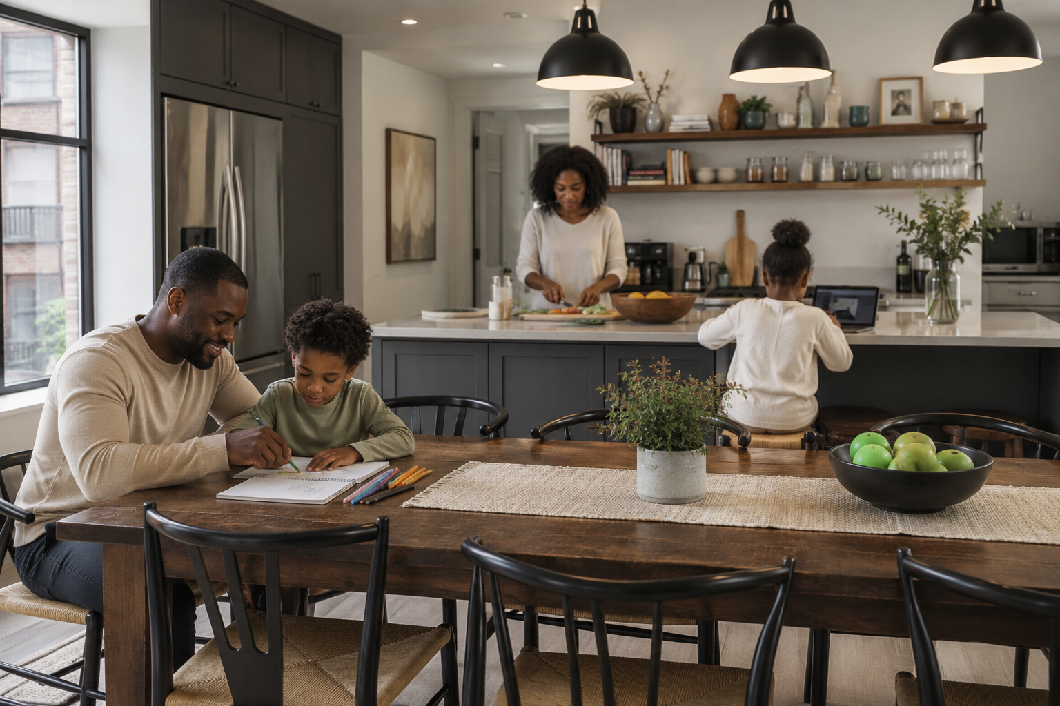 A family in a modern kitchen, with a father and son sitting at a dining table doing homework, a mother chopping vegetables at the counter, and a daughter sitting on a stool facing away using a tablet.