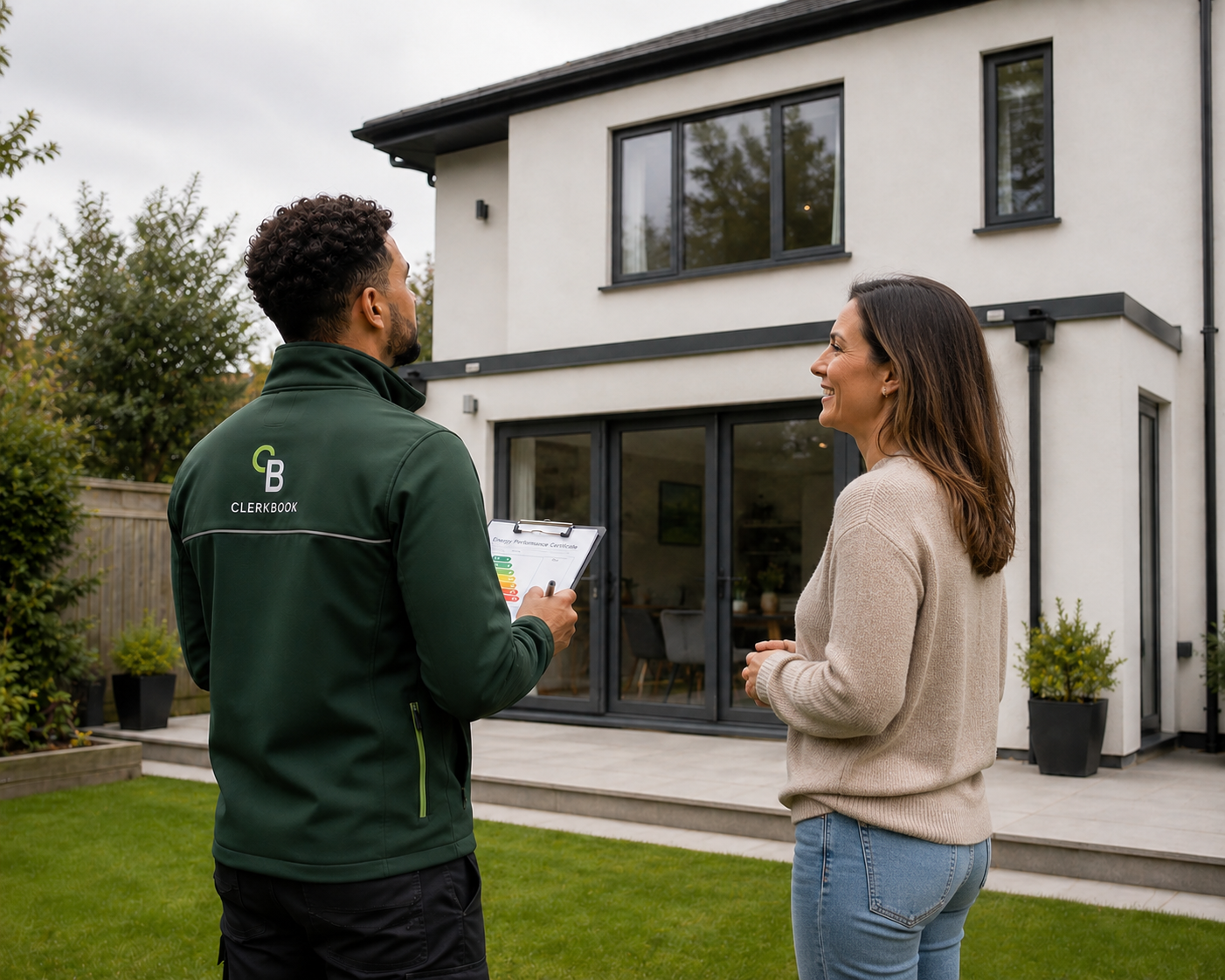 A man in a green jacket with 'CLERKBOOK' on the back talks to a woman outside a modern house while holding a clipboard. The woman listens and smiles, and the house has large glass windows and a small yard.