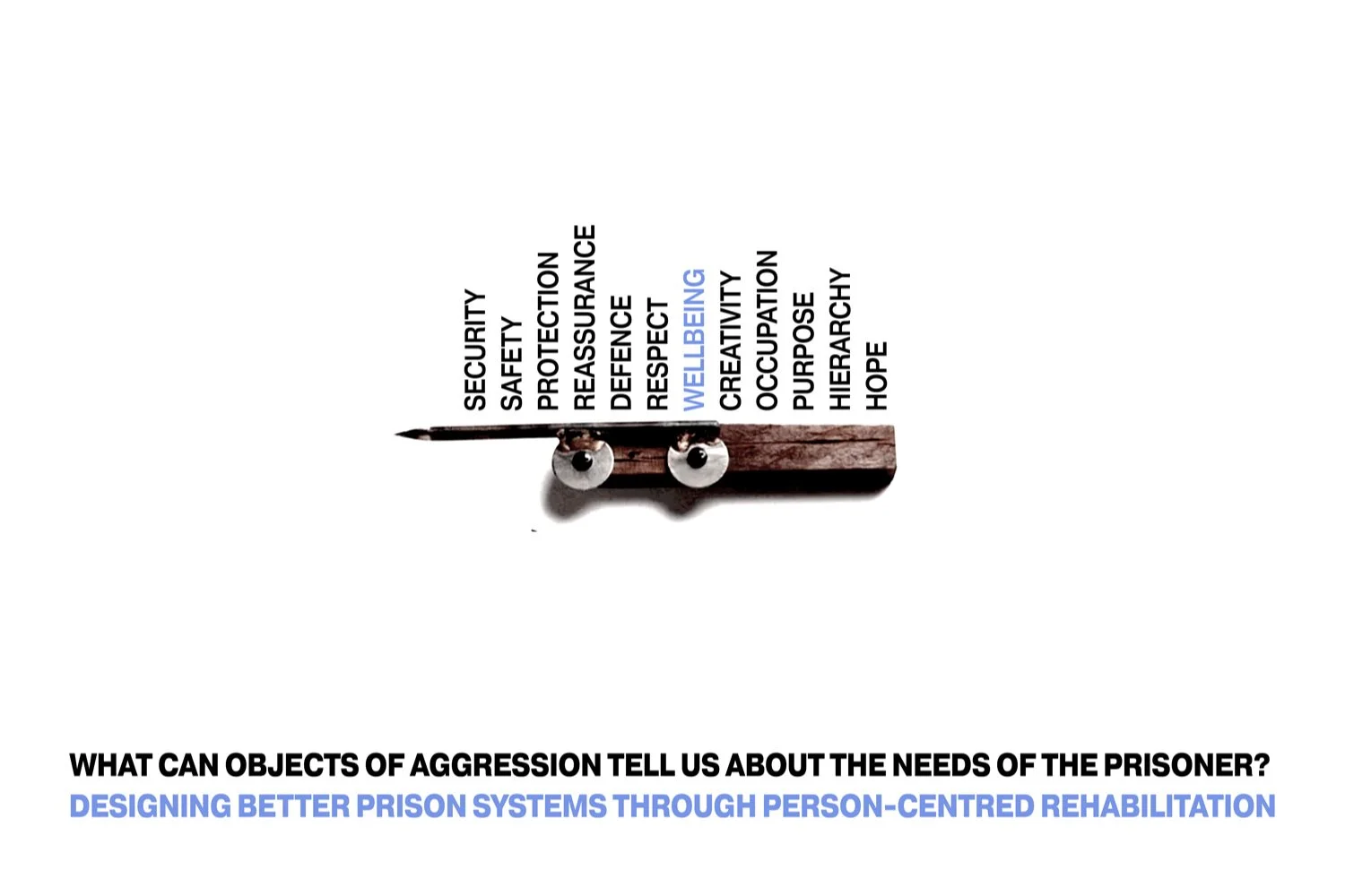 Text overlay on a wooden wheelbarrow with spikes and wheels, depicting words such as security, safety, protection, reassurance, respect, wellbeing, creativity, occupation, purpose, hierarchy, hope, and more, relating to prison rehabilitation.